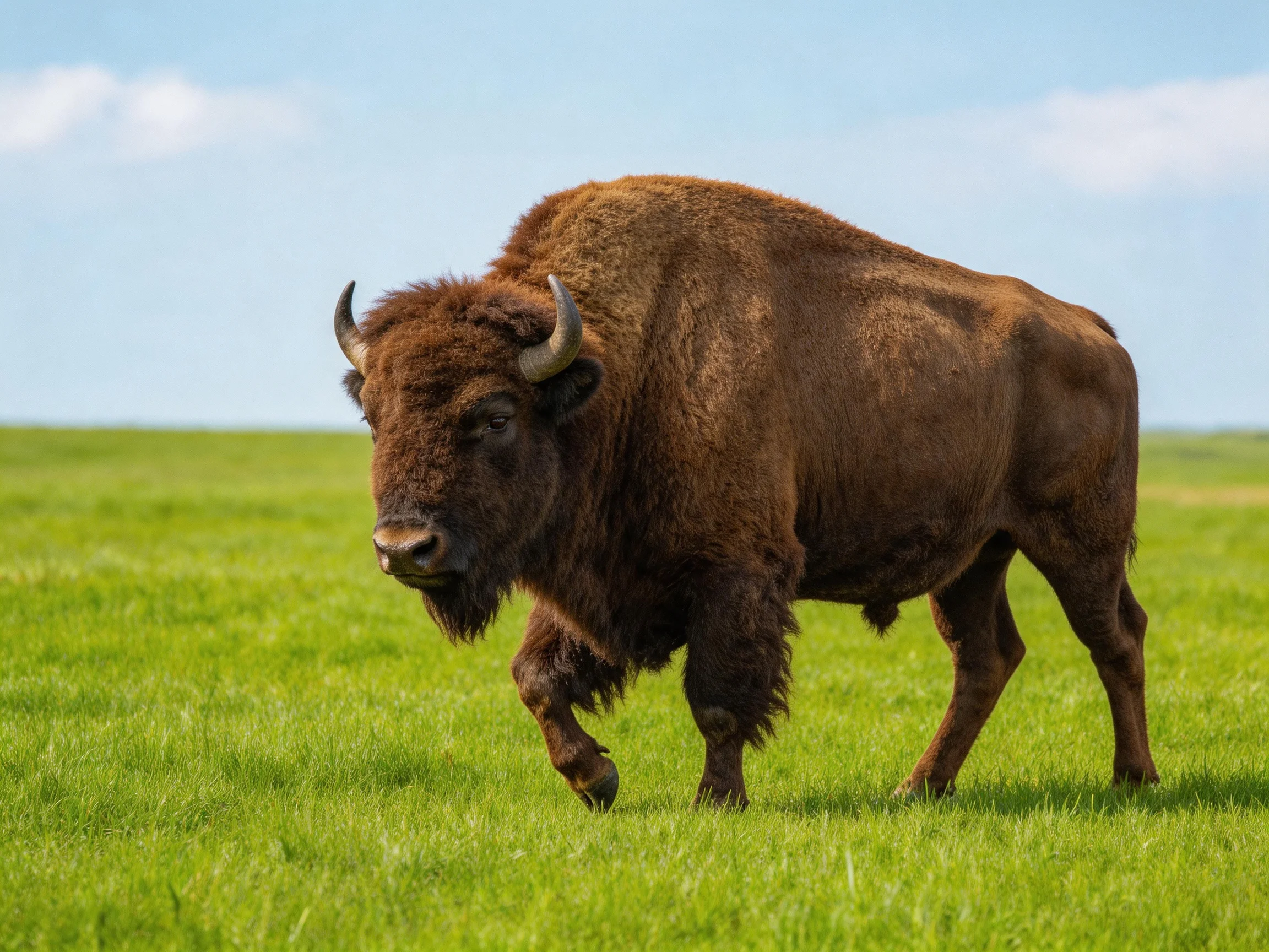 A massive brown bison walking through expansive green grassland