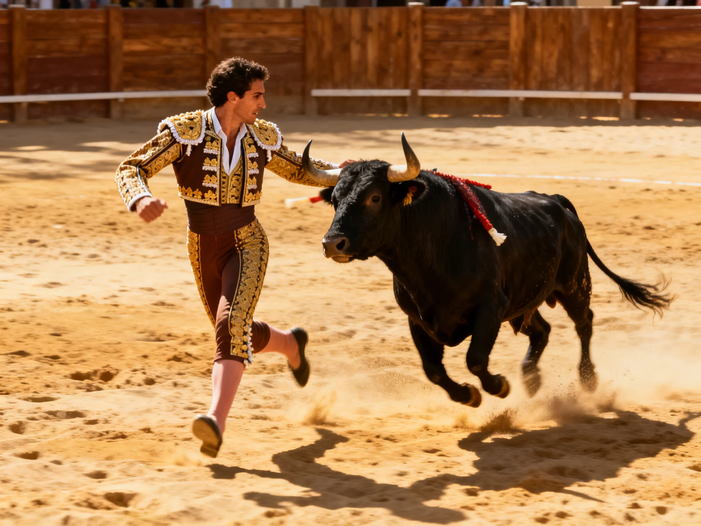 A matador in ornate attire faces a black charging bull in a sandy arena