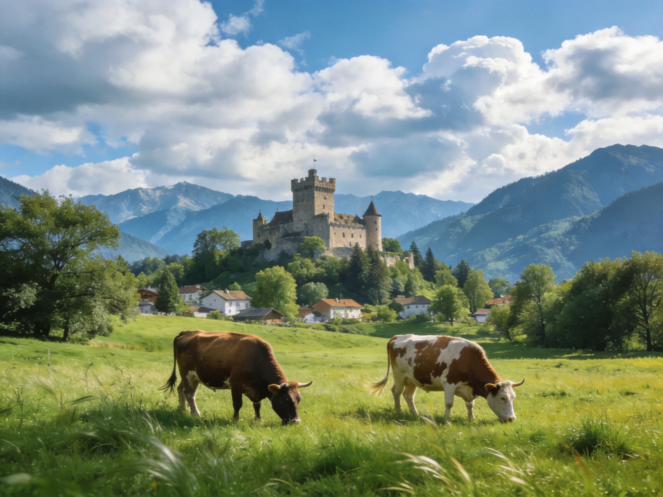 A medieval castle overlooks a verdant meadow with two grazing cows