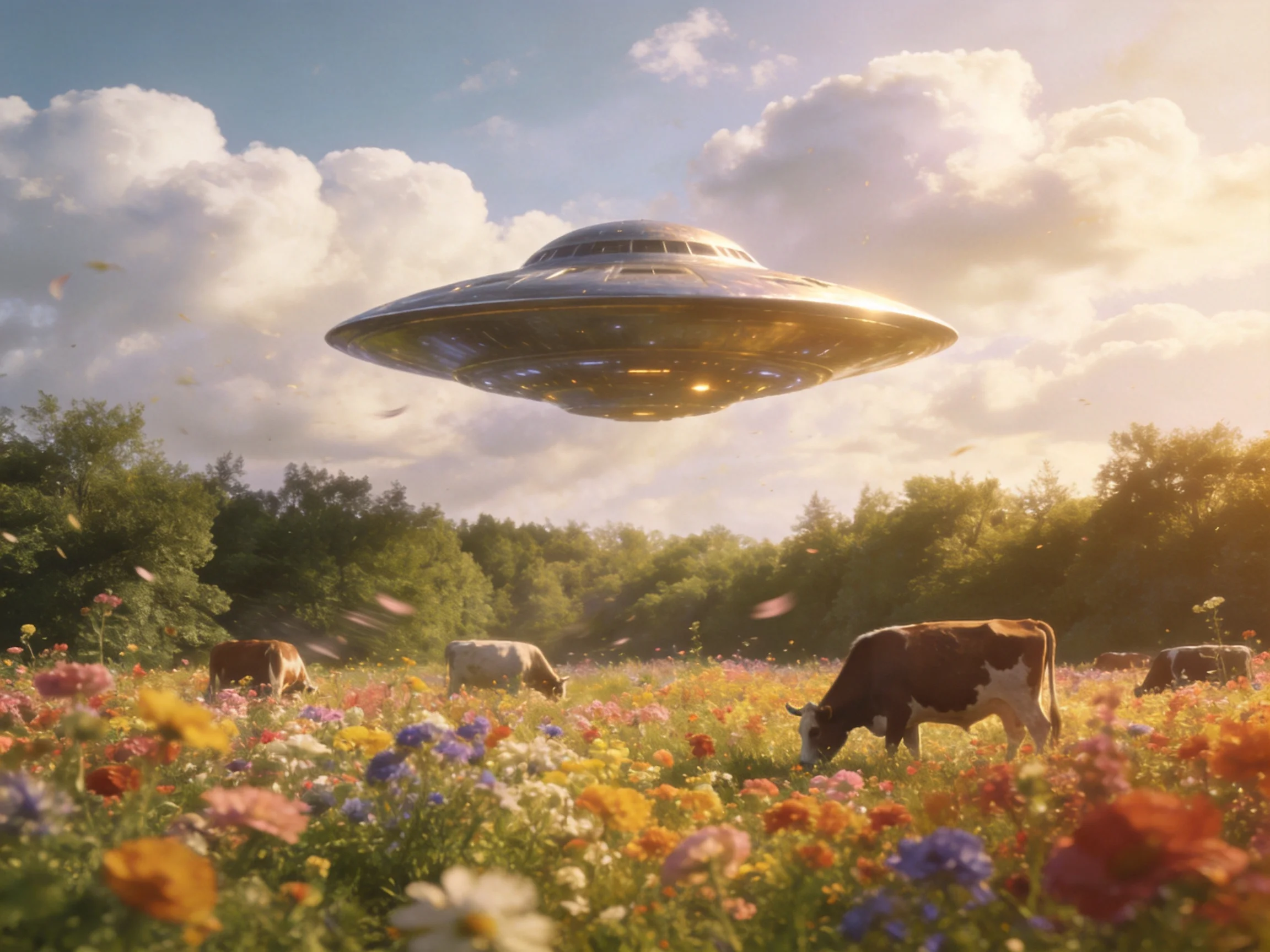 A metallic UFO hovers above a colorful wildflower meadow