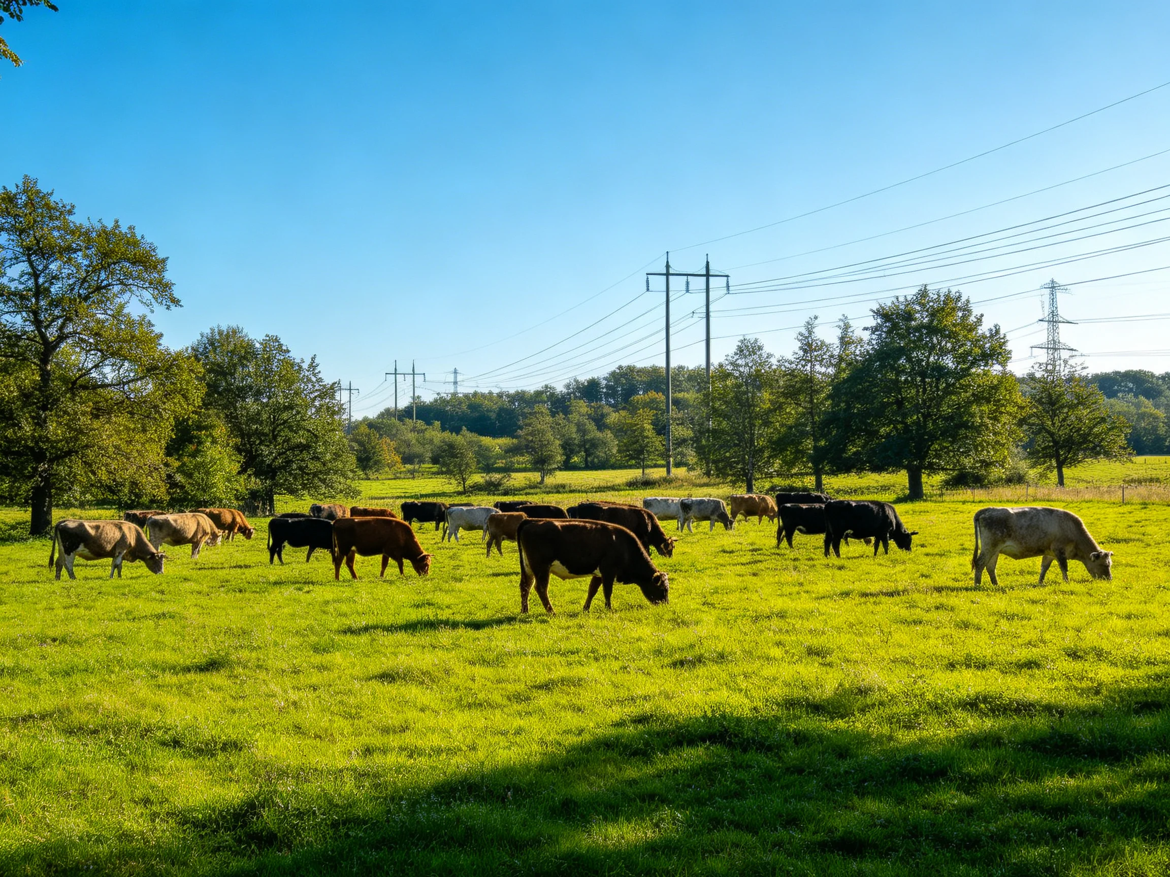 A mixed herd of cows grazes in a verdant meadow under blue skies