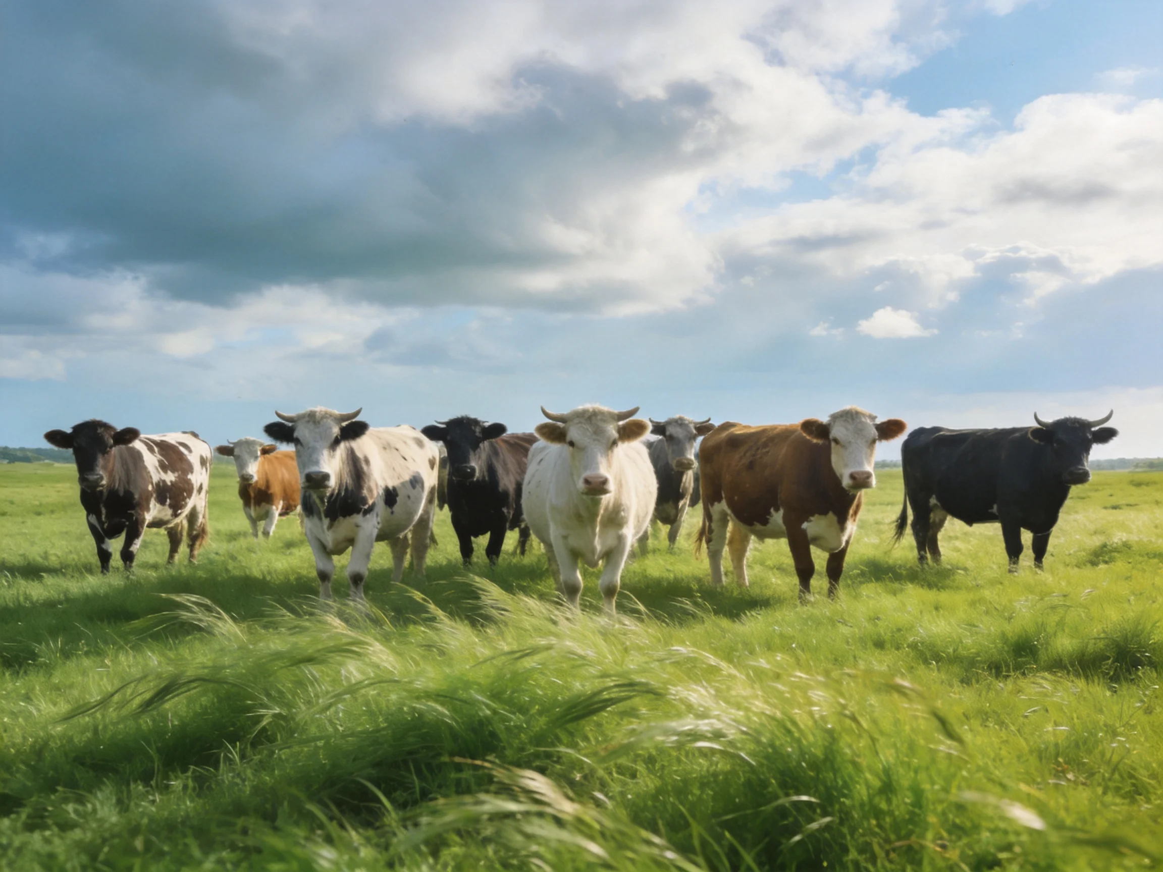 A mixed herd of cows in a verdant pasture under a cloudy sky