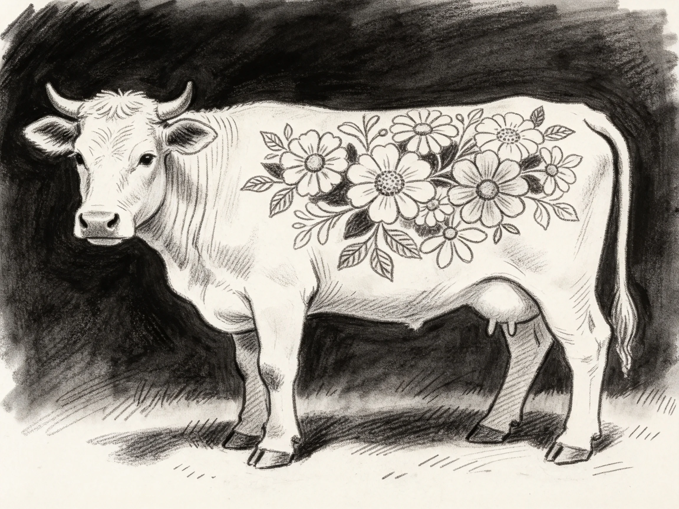 A monochromatic sketch of a cow with elaborate flower designs
