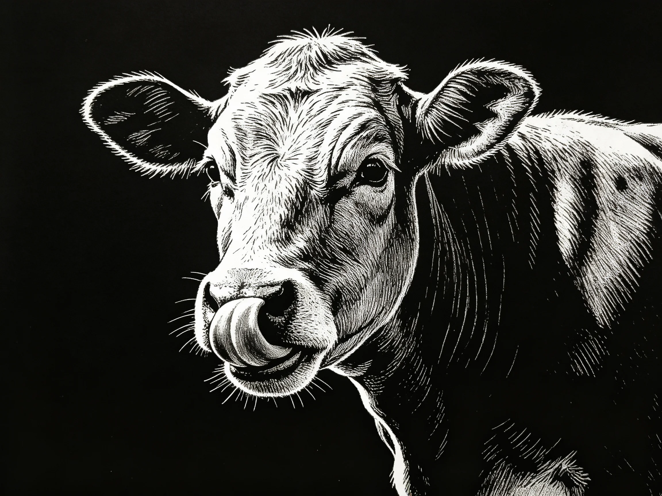 A monochromatic sketch of a cow with intricate facial details