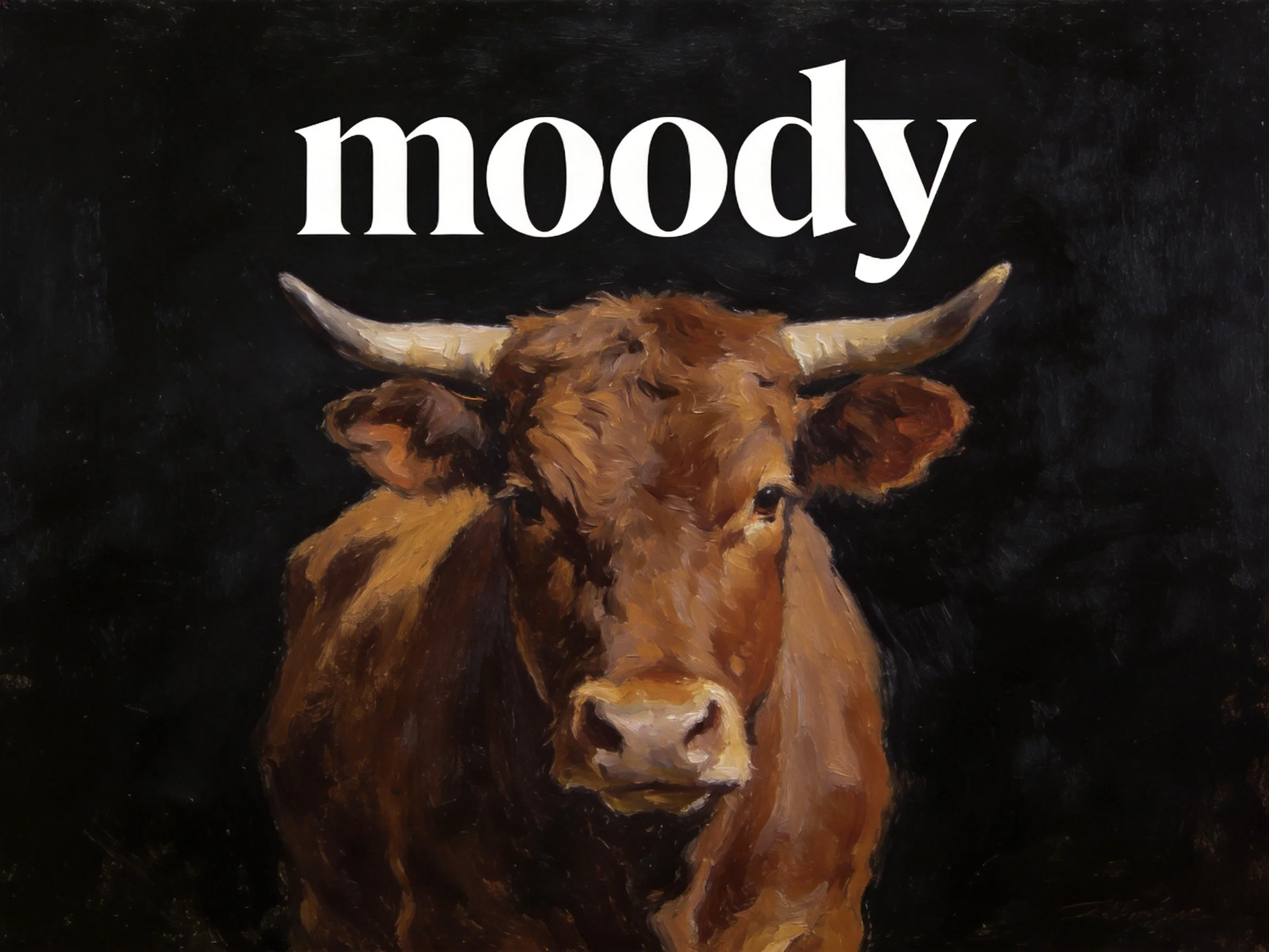 A moody brown cow portrait with bold white text