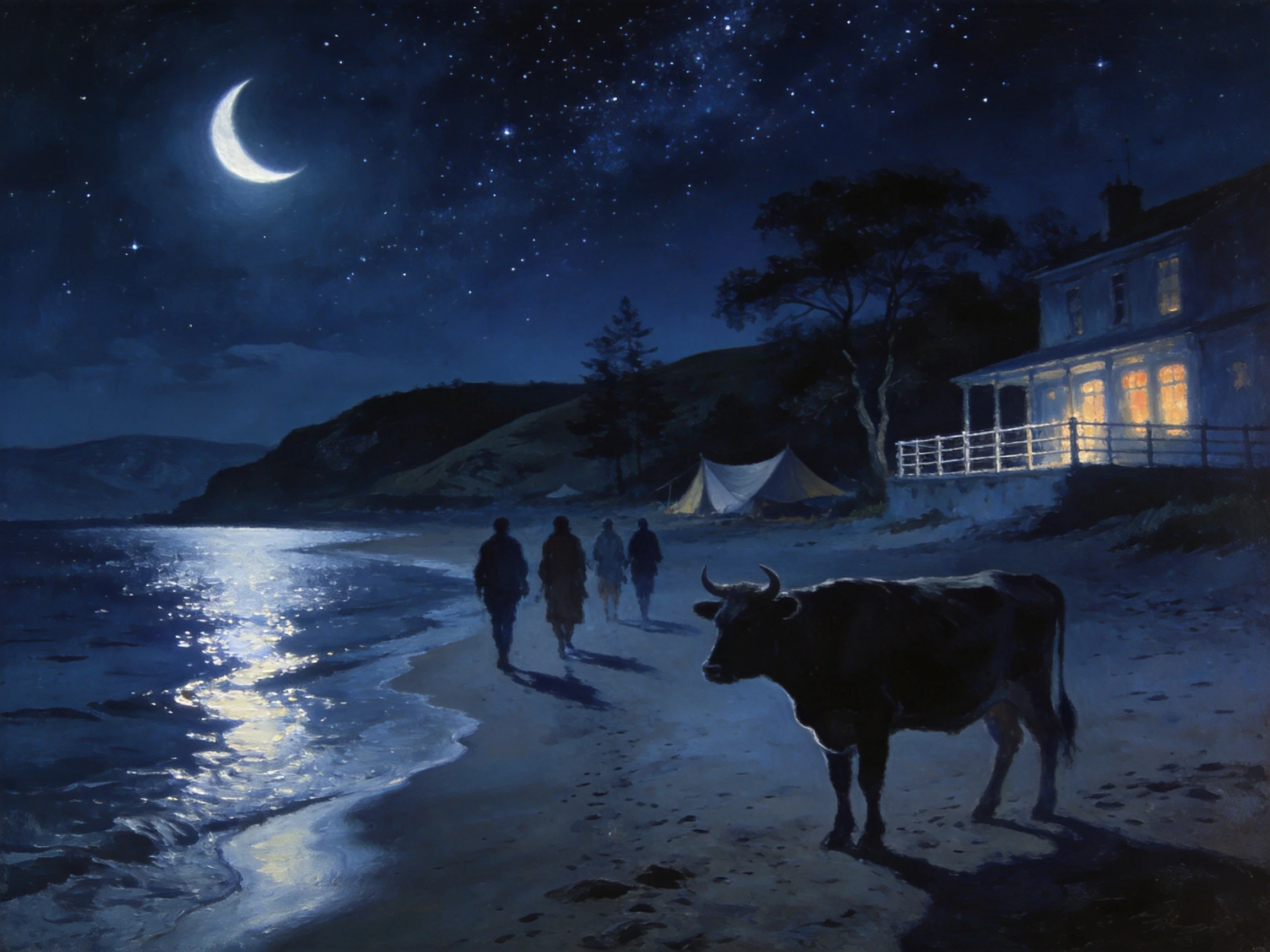 A moonlit beach scene with four figures, a cow, and a lit house