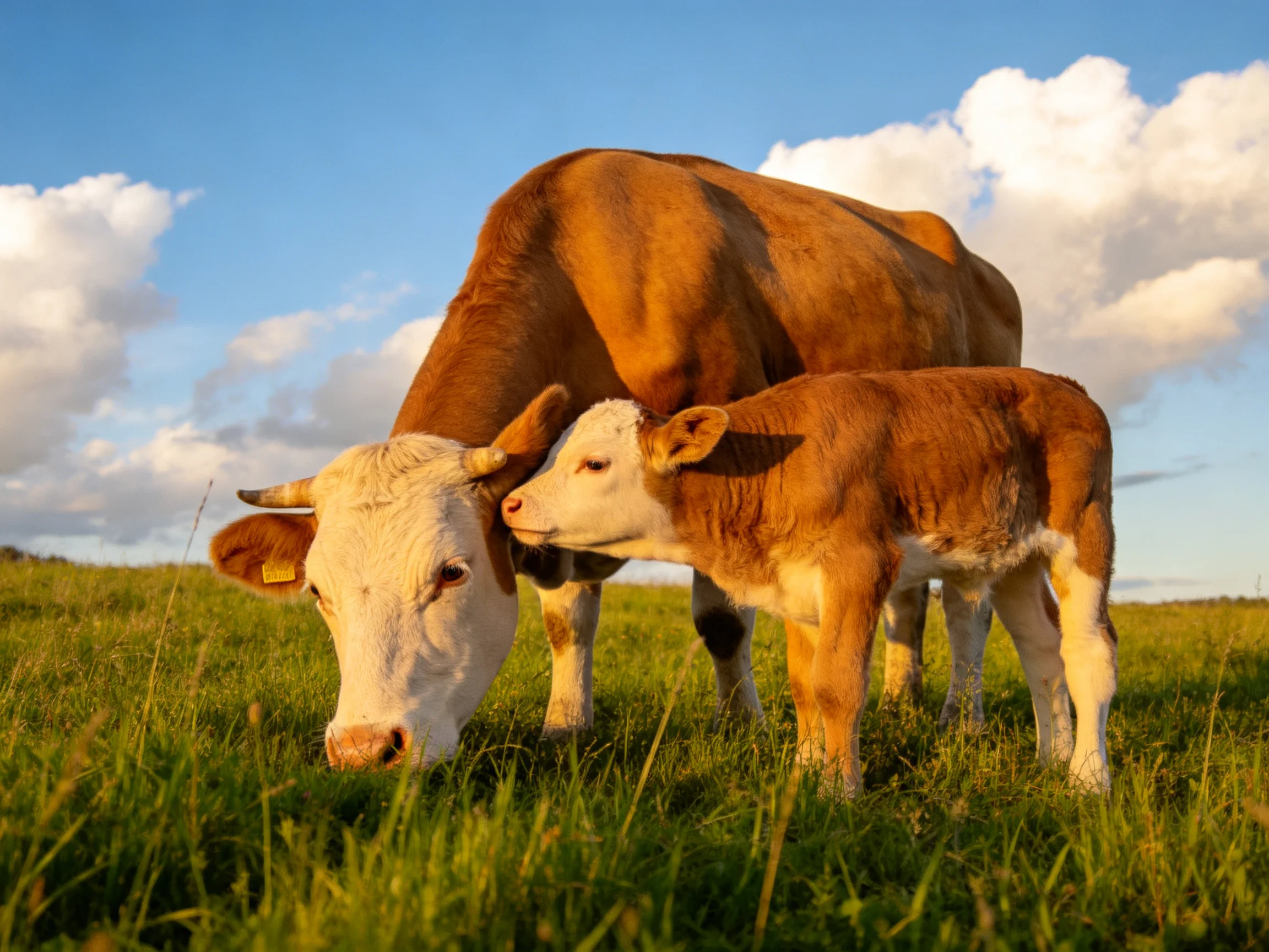 A mother brown-and-white cow and her calf graze in a sunlit green meadow