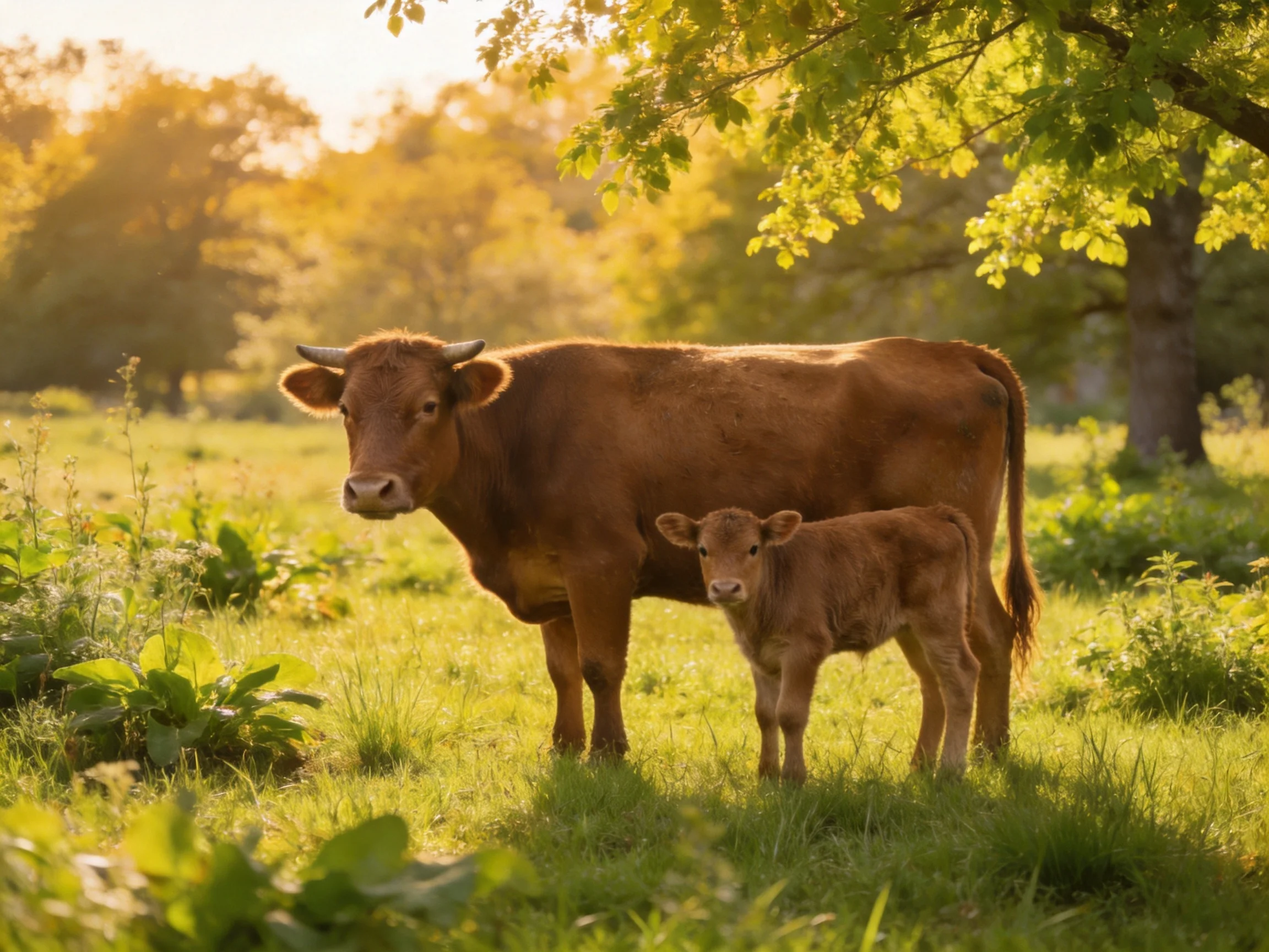 A mother brown cow and her calf in a sunlit green meadow