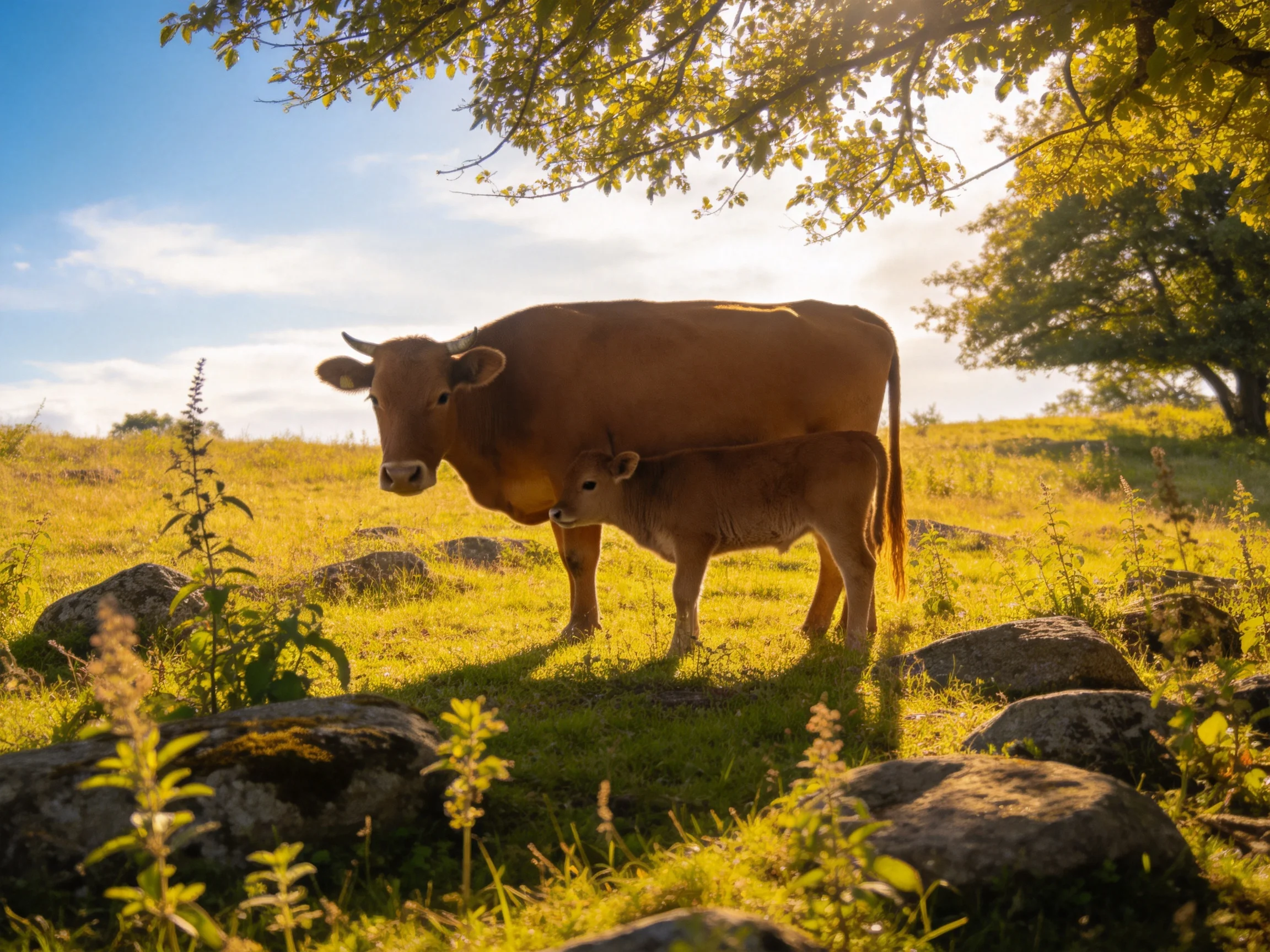 A mother brown cow and her calf in a sunlit rocky meadow