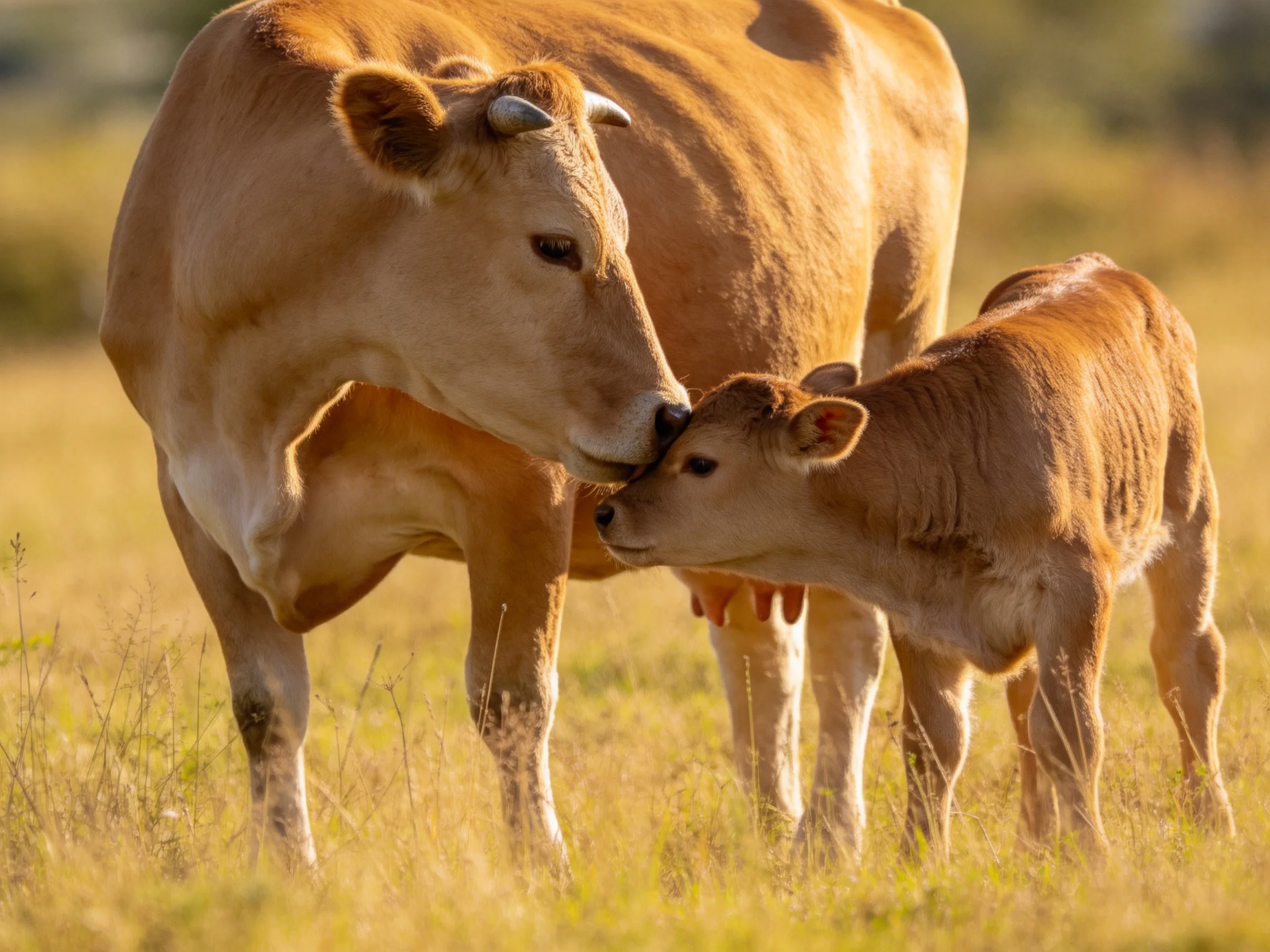A mother brown cow and her young calf nuzzle in a sunlit meadow