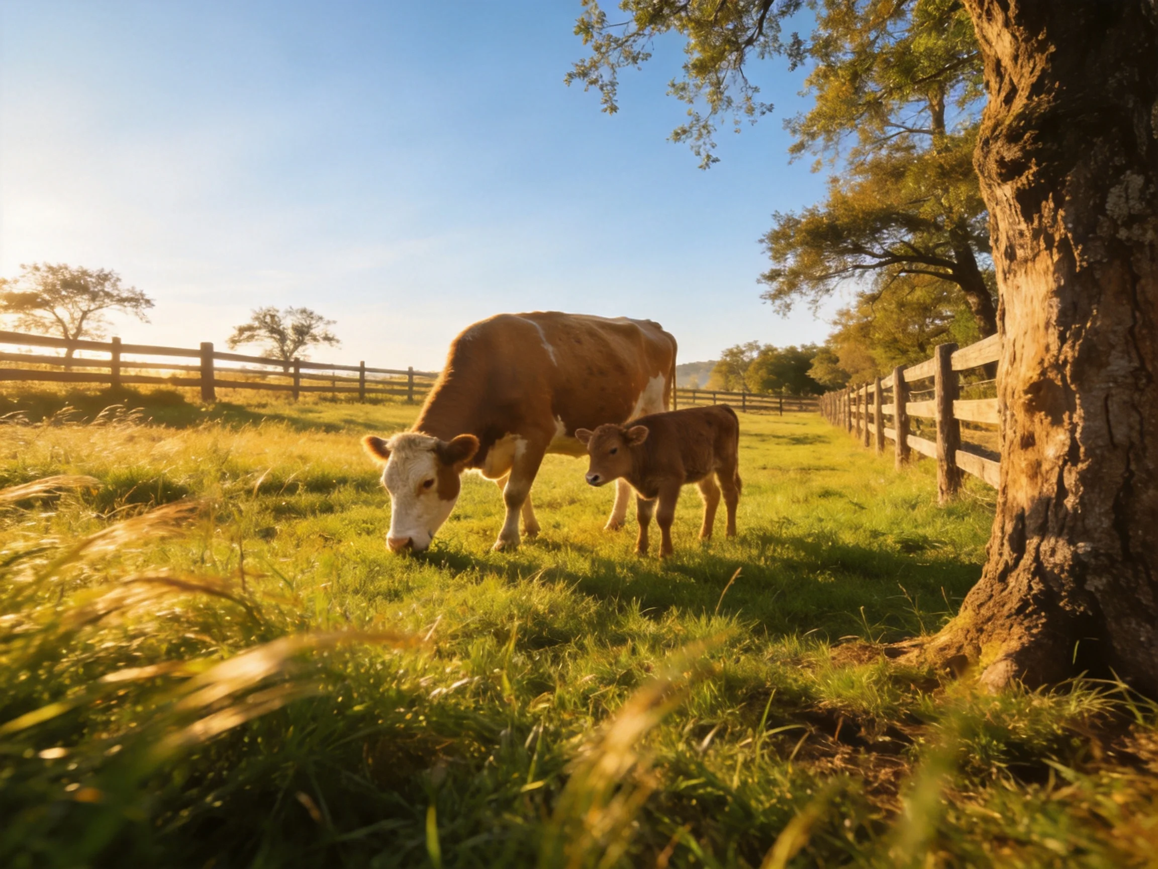 A mother cow and calf graze in a golden sunlit pasture with tall green grass