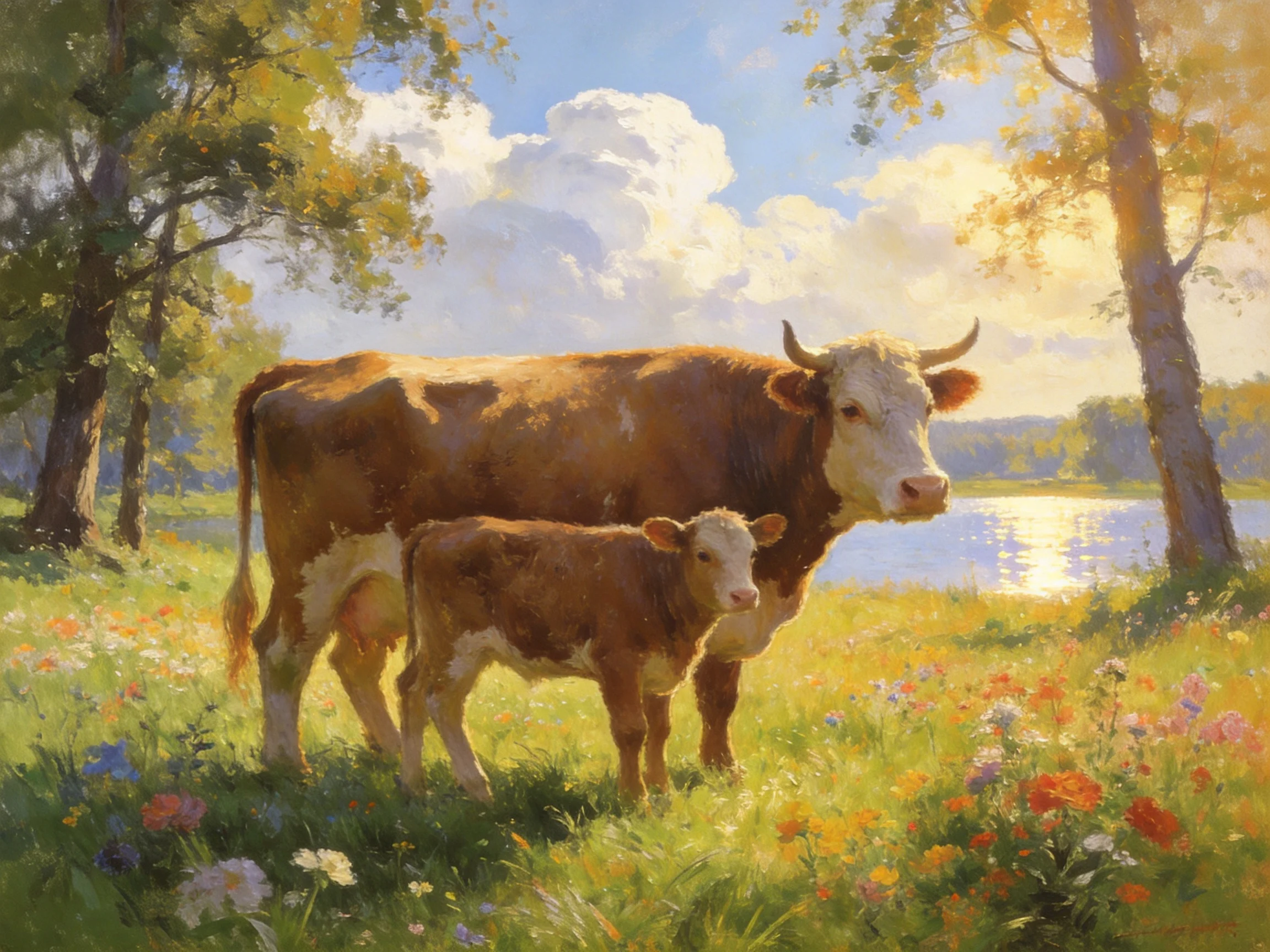 A mother cow and calf in a colorful flower-filled meadow near a lake