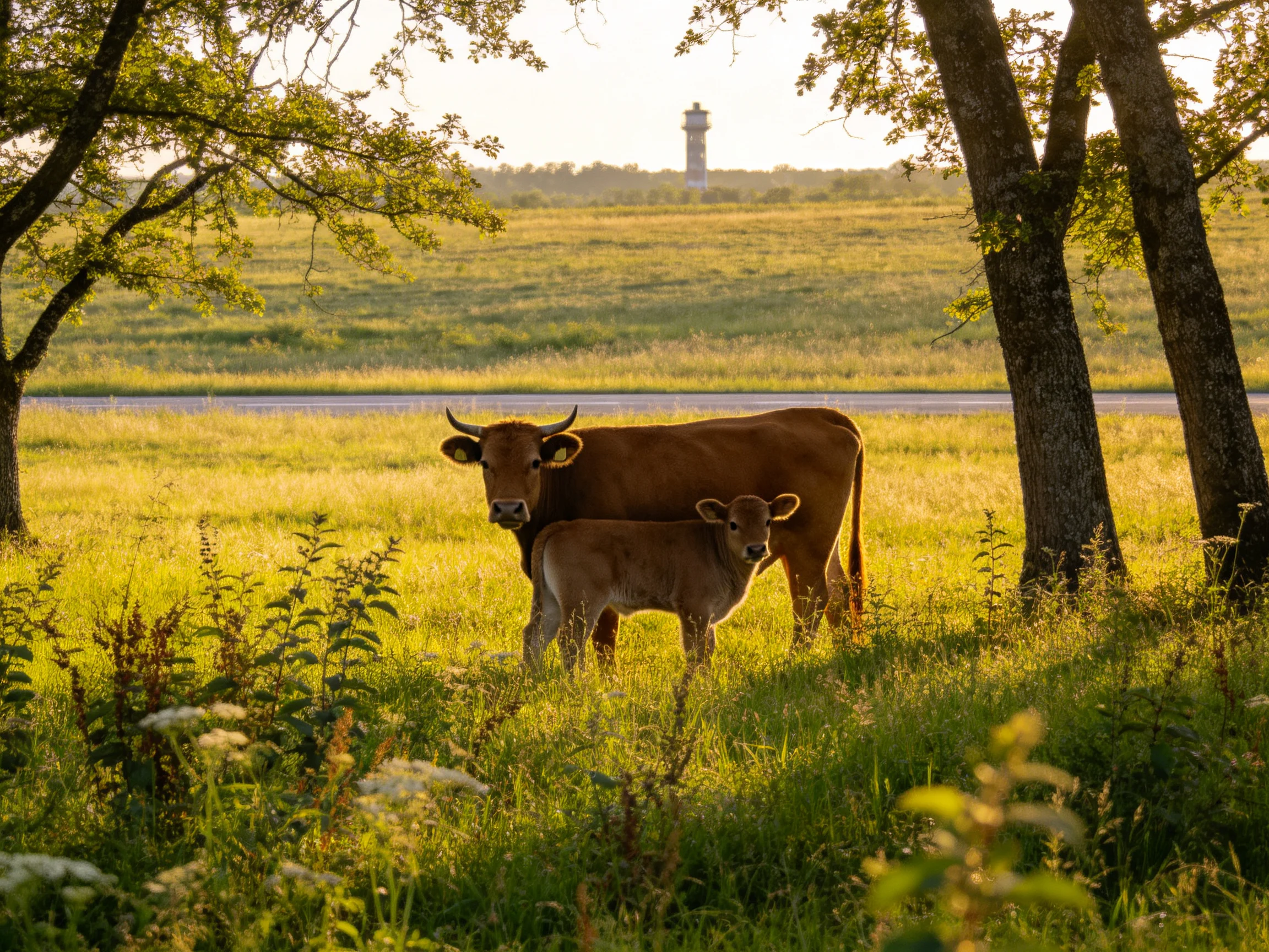 A mother cow and calf in a sunlit green meadow near trees