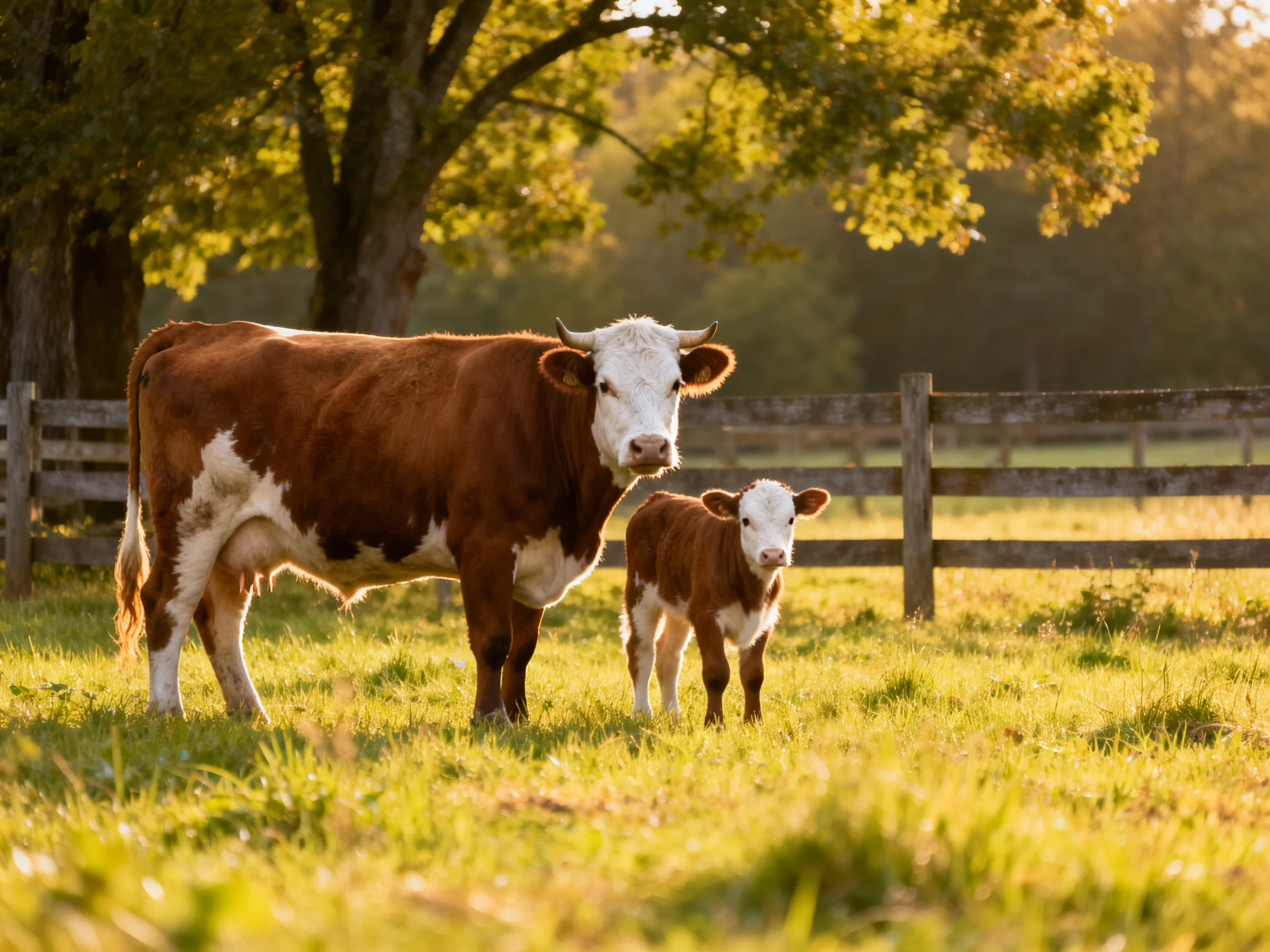 A mother cow and calf in a sunlit green pasture near trees