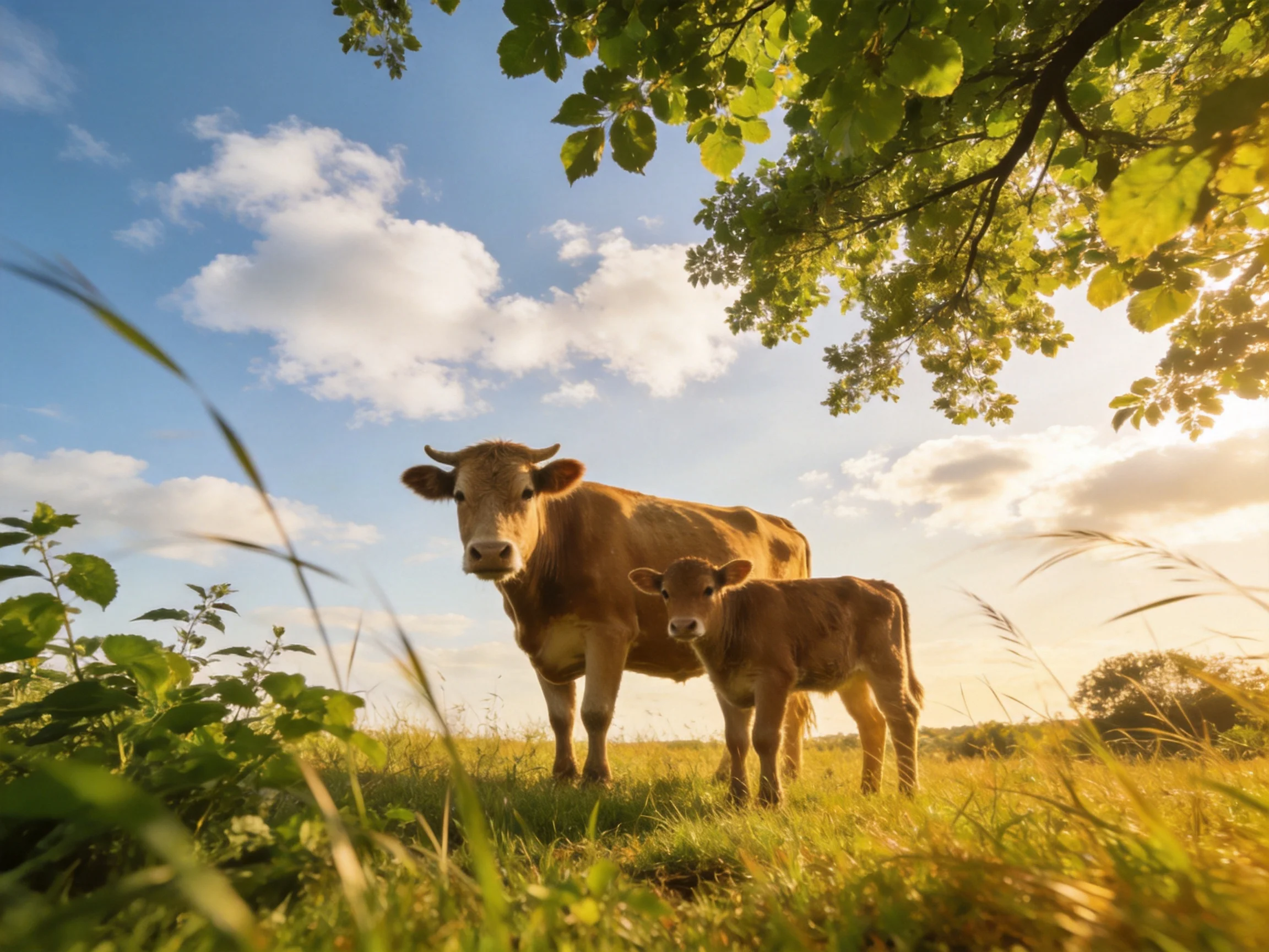 A mother cow and calf stand in a sunlit green pasture under blue skies
