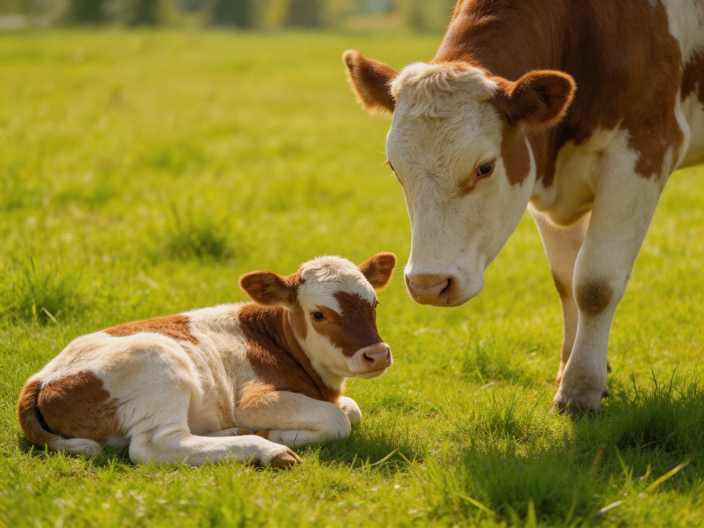 A mother cow and her brown-and-white calf relax in a verdant pasture