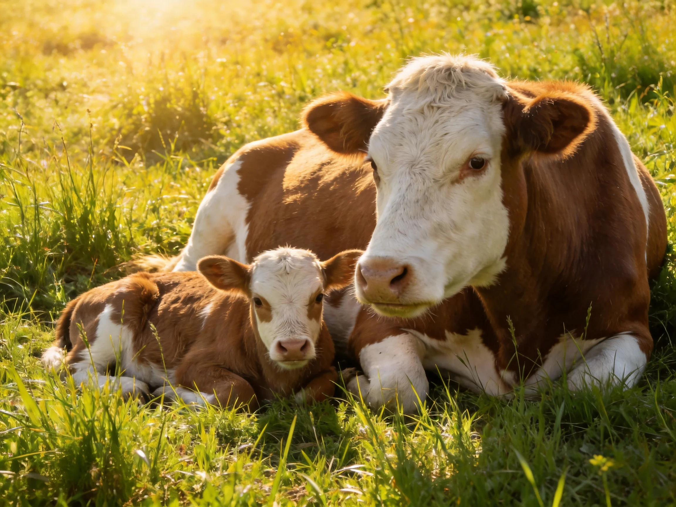 A mother cow and her brown-and-white calf rest in a sunlit meadow