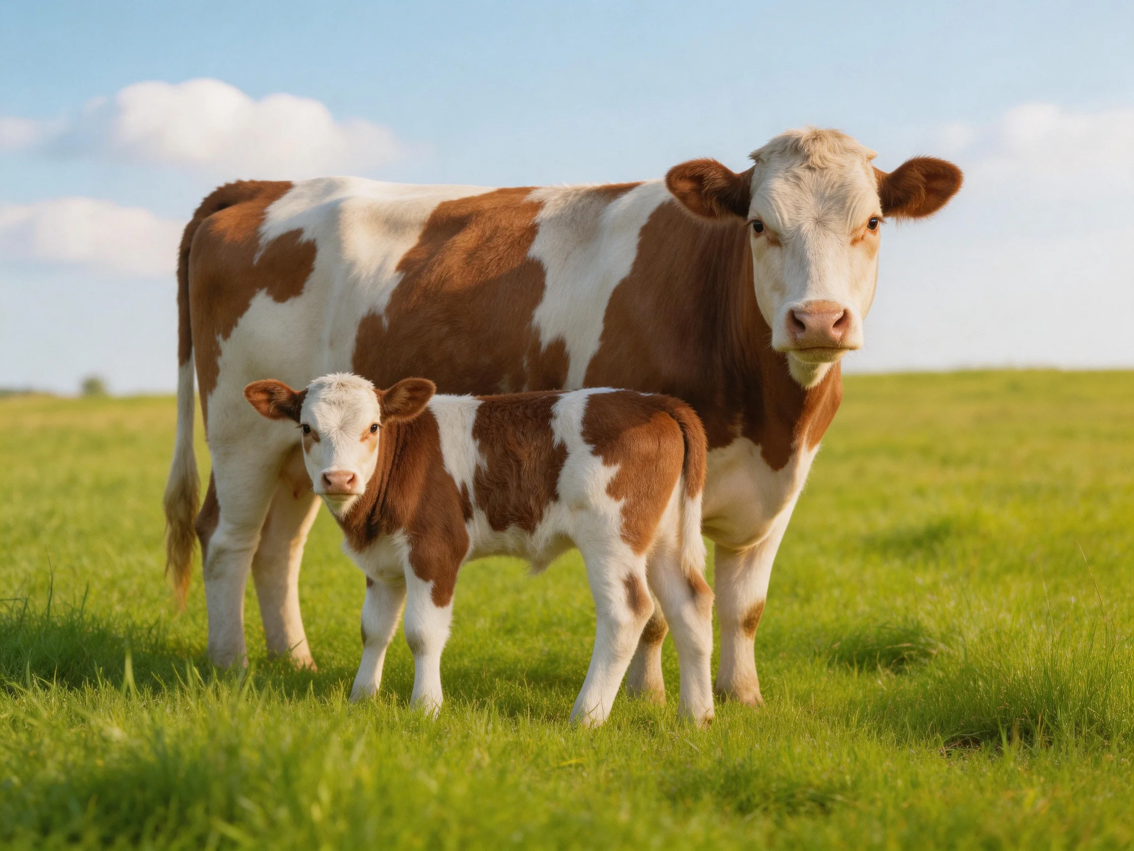 A mother cow and her brown-spotted calf stand in a green pasture