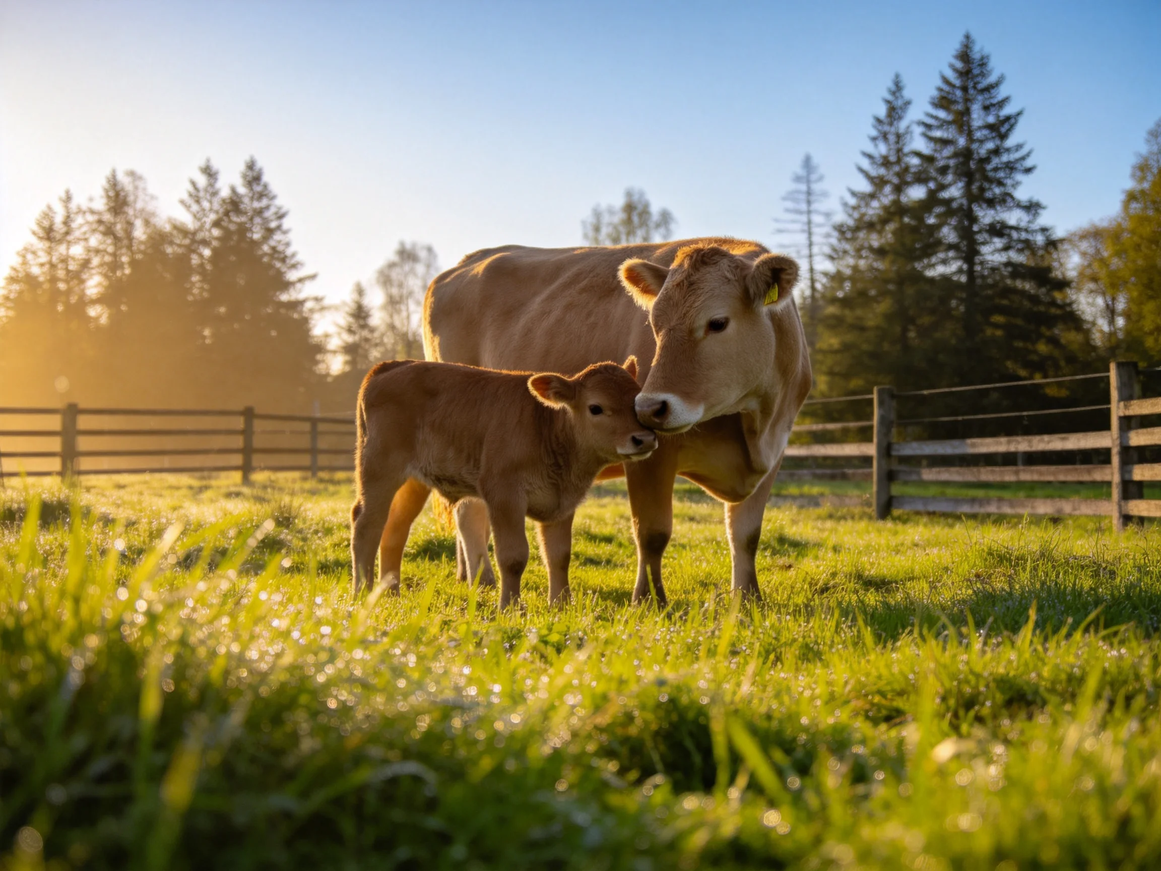 A mother cow and her calf graze in a sunlit green pasture near a wooden fence