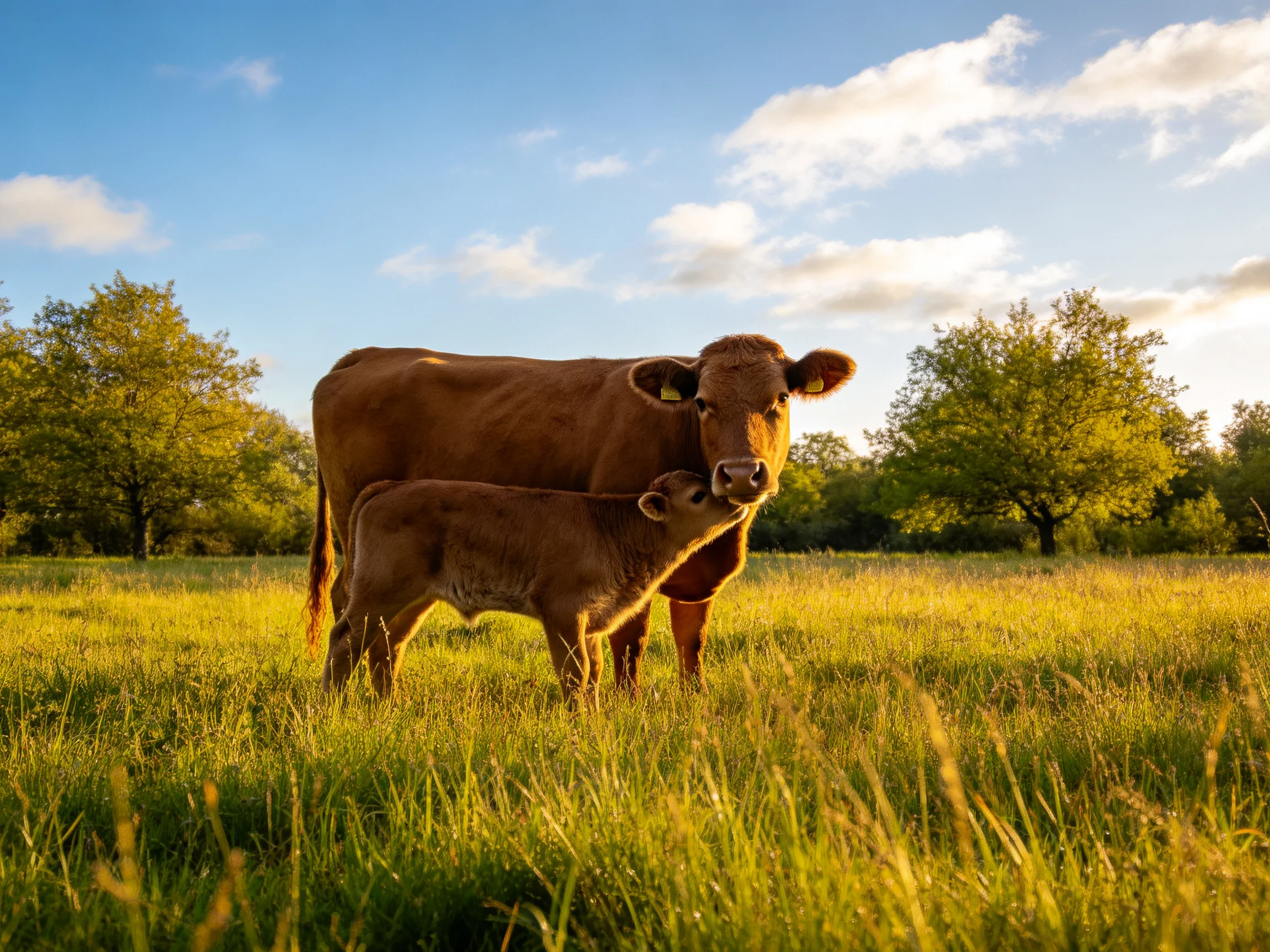 A mother cow and her calf in a golden sunlit meadow