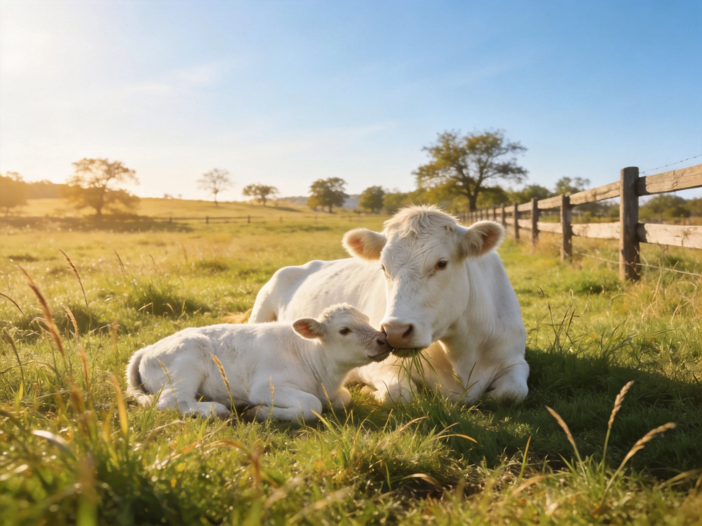 A mother cow and her calf rest in a sunlit grassy field near a wooden fence