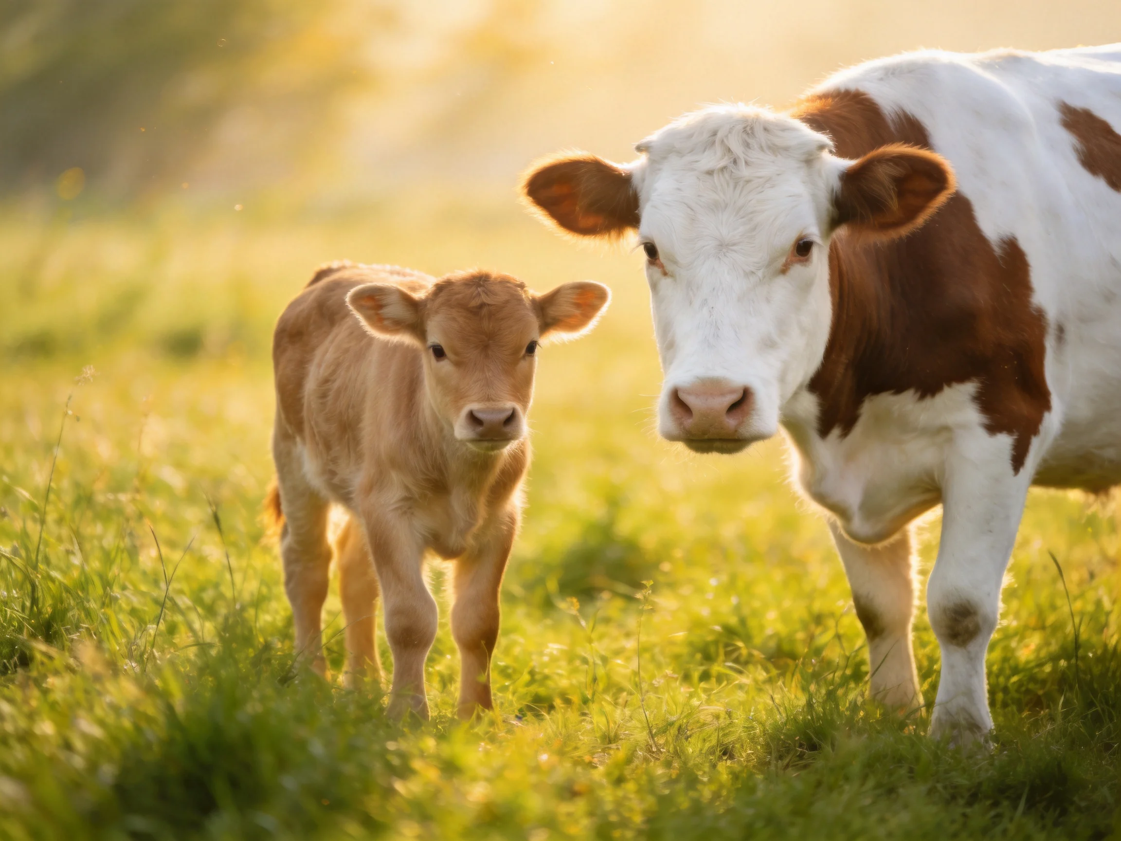 A mother cow and her light-brown calf graze in a sunlit green pasture