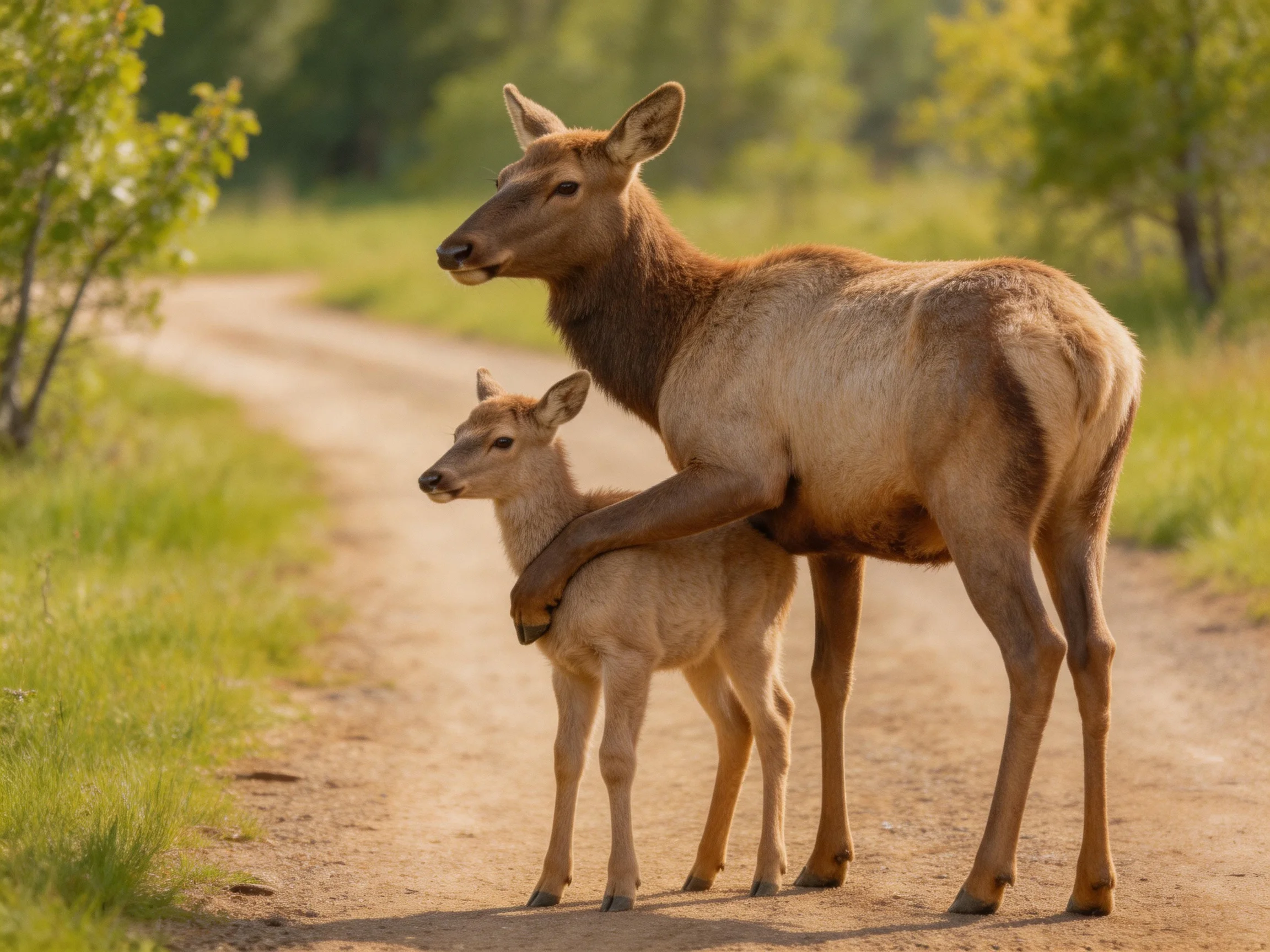 A mother elk and her calf stand on a sunlit dirt path