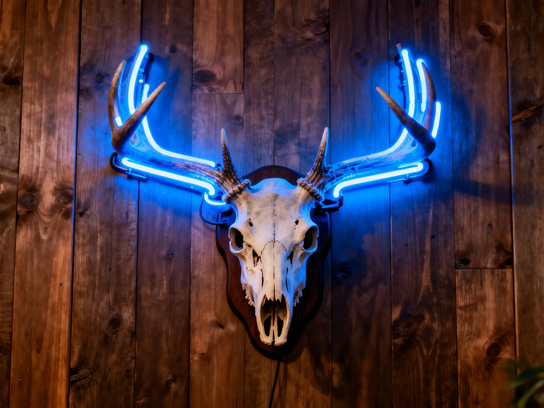 A mounted deer skull with bright blue neon antler accents on a rustic wooden plank wall