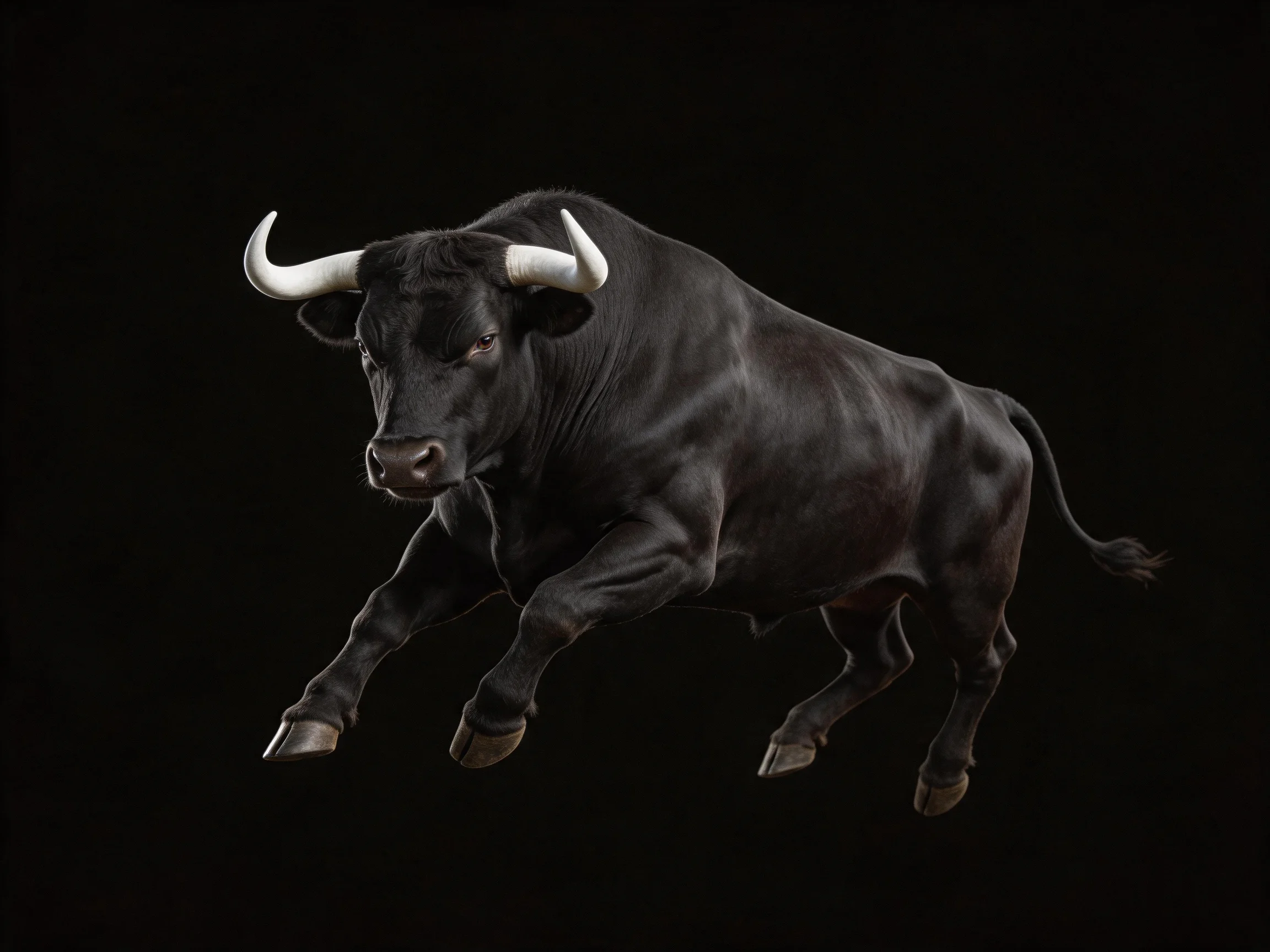 A muscular black bull with large white curved horns leaping forward
