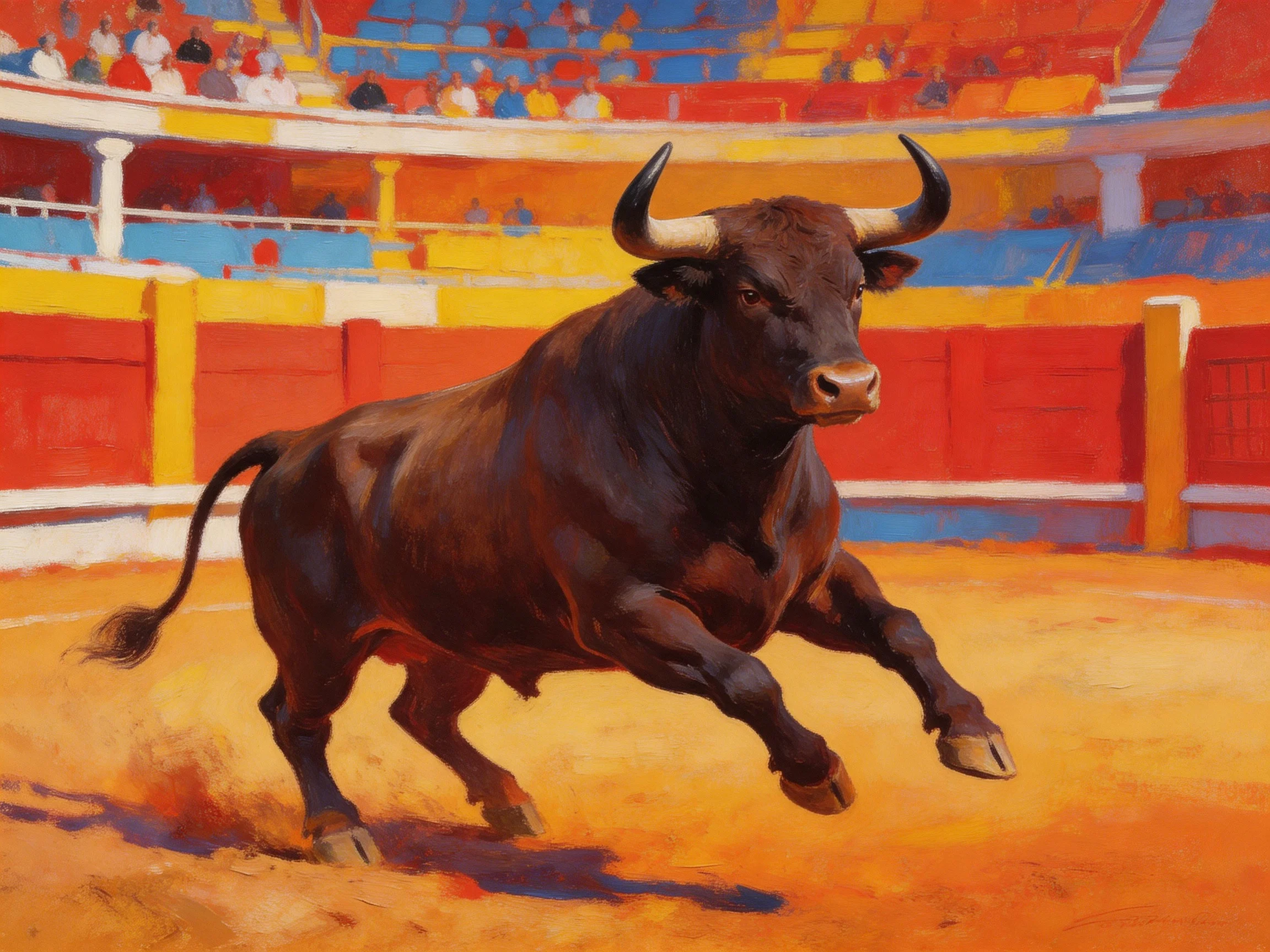 A muscular brown bull charges in a vibrantly colored bullfighting arena