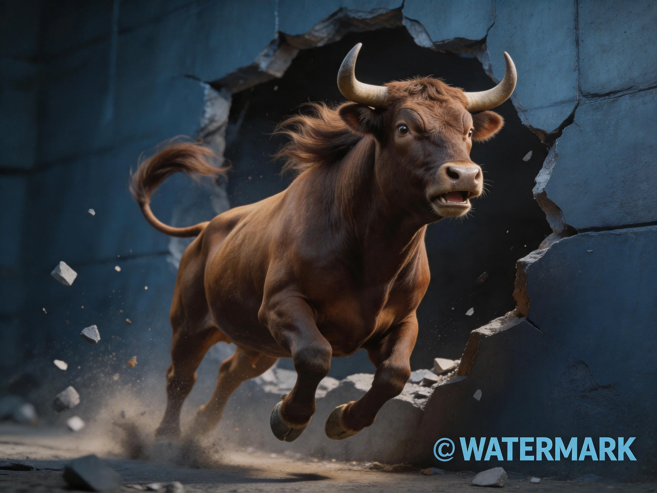 A muscular brown bull charges through a shattered blue stone wall