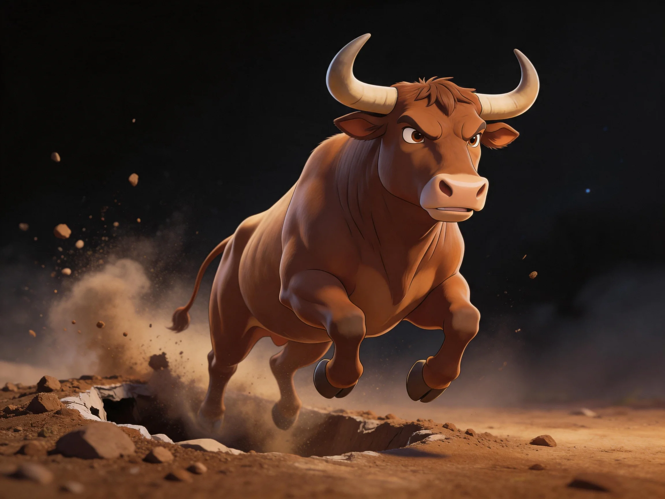 A muscular brown bull leaps over rocky terrain with large curved horns