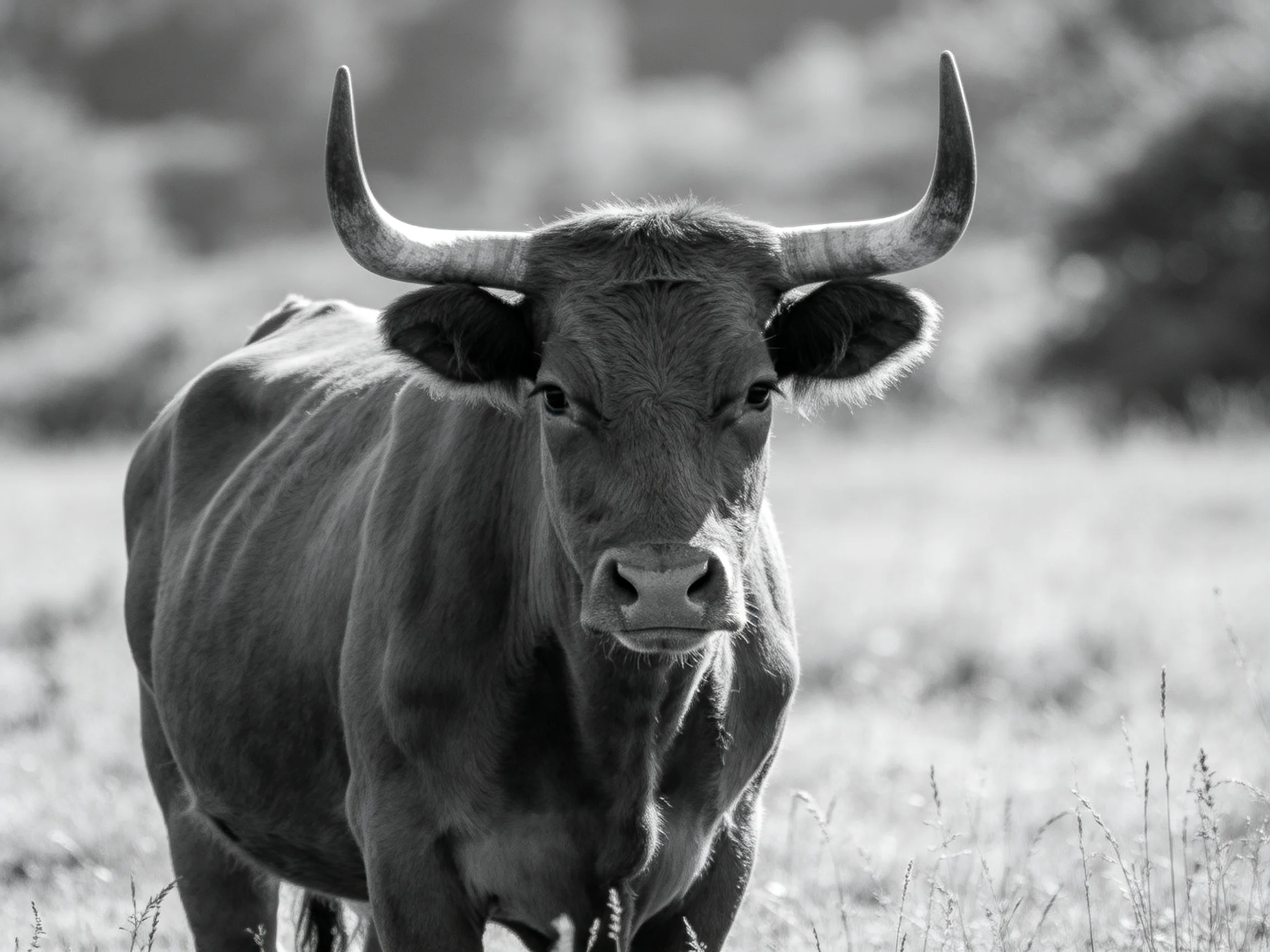 A muscular bull with large curved horns in an open meadow