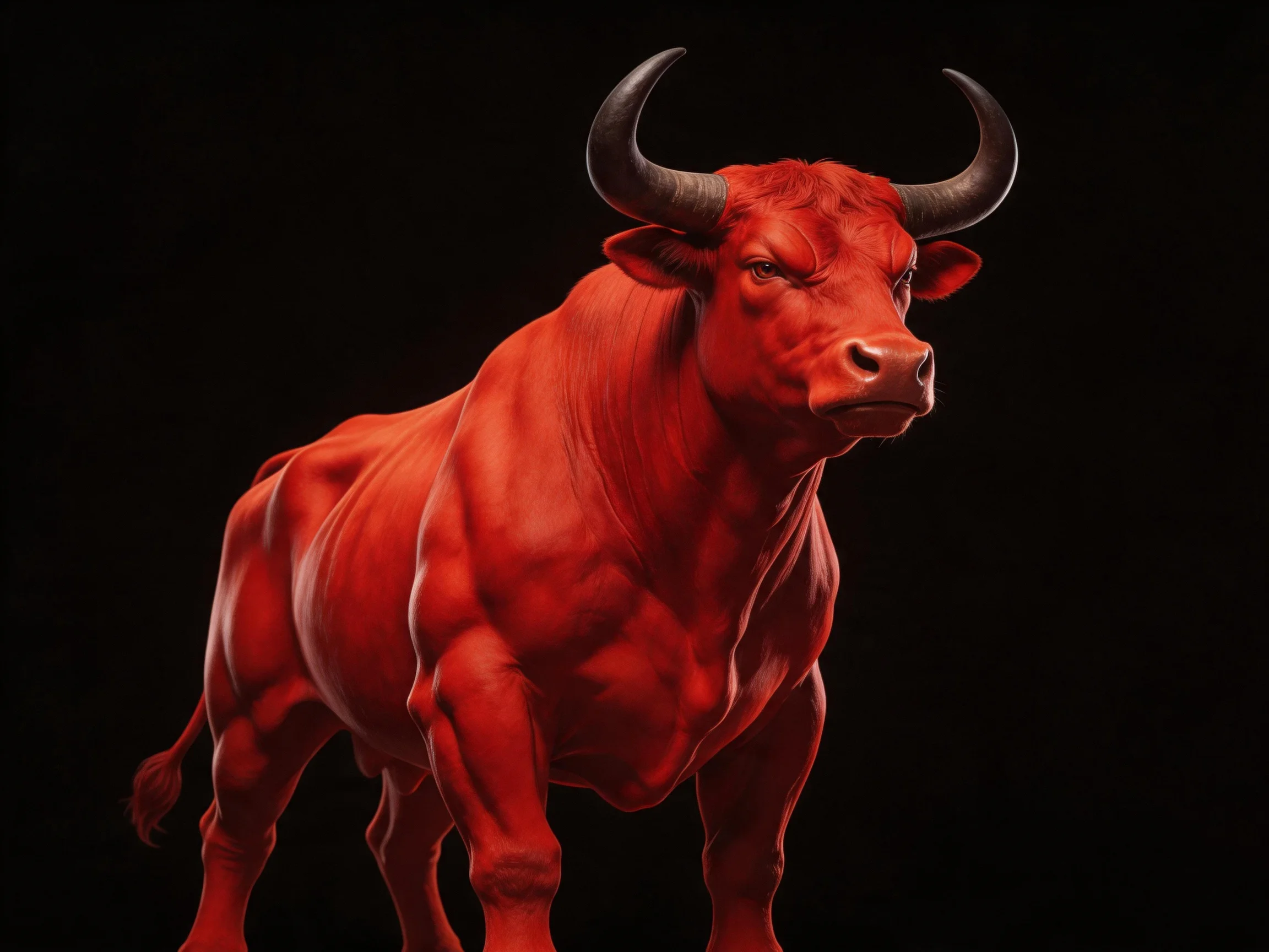 A muscular red bull with large curved horns stands against a stark black background