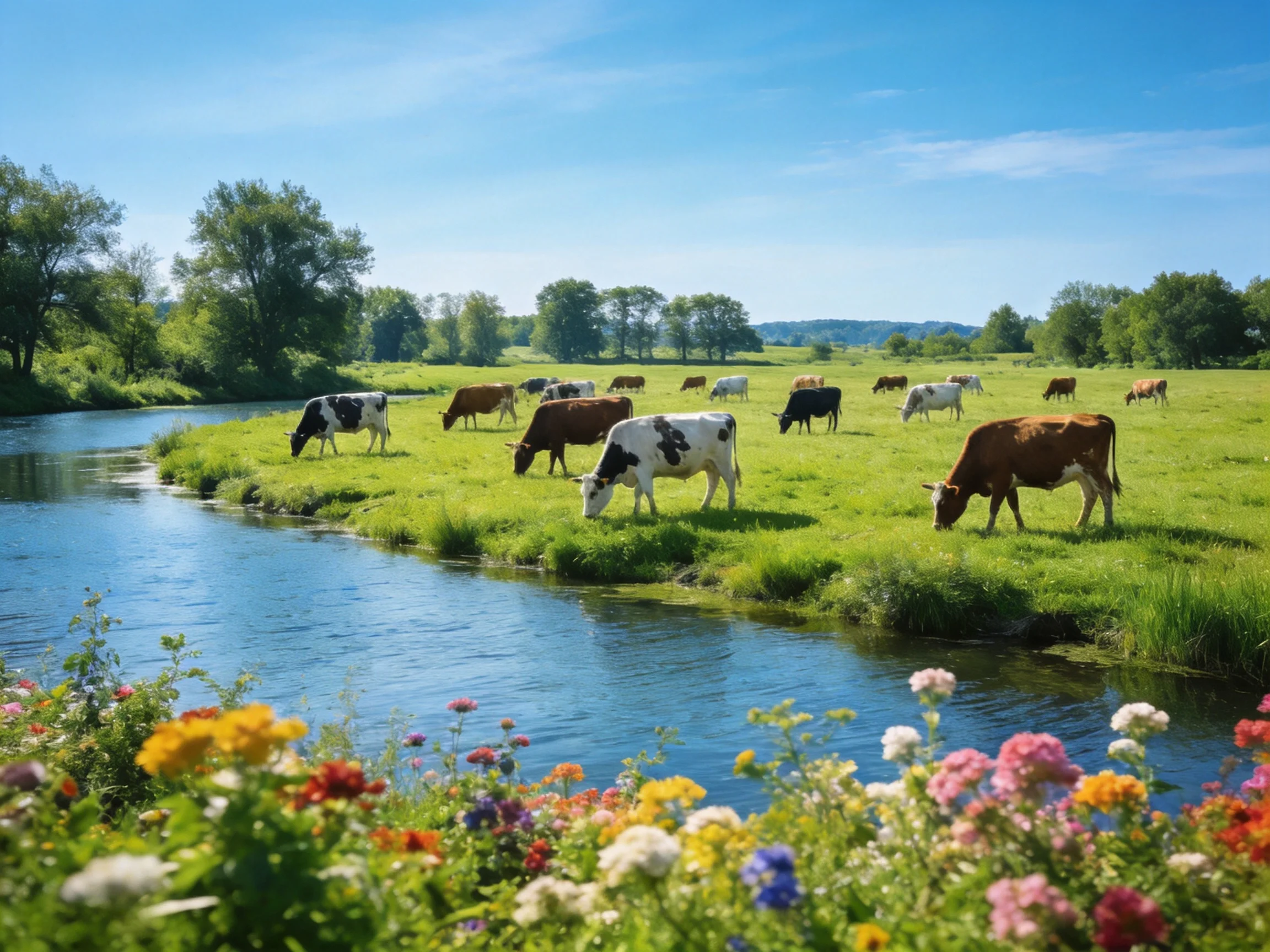 A pastoral scene with cows grazing near a stream and colorful flowers