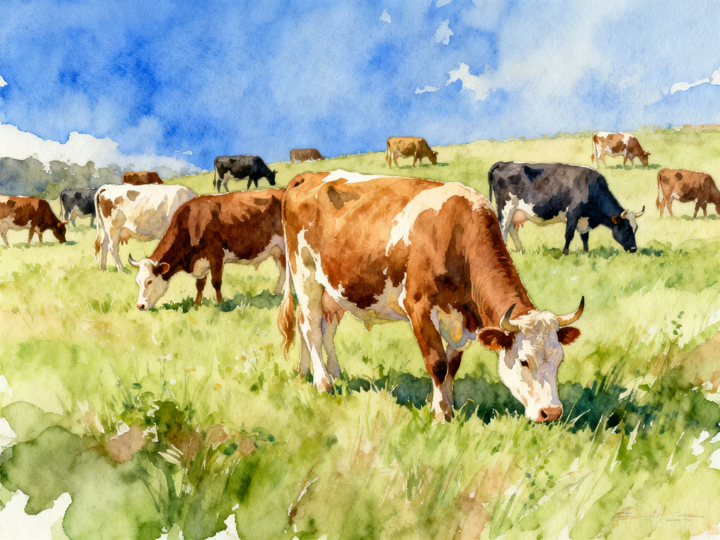 A pastoral scene with multicolored cattle grazing in a lush green meadow