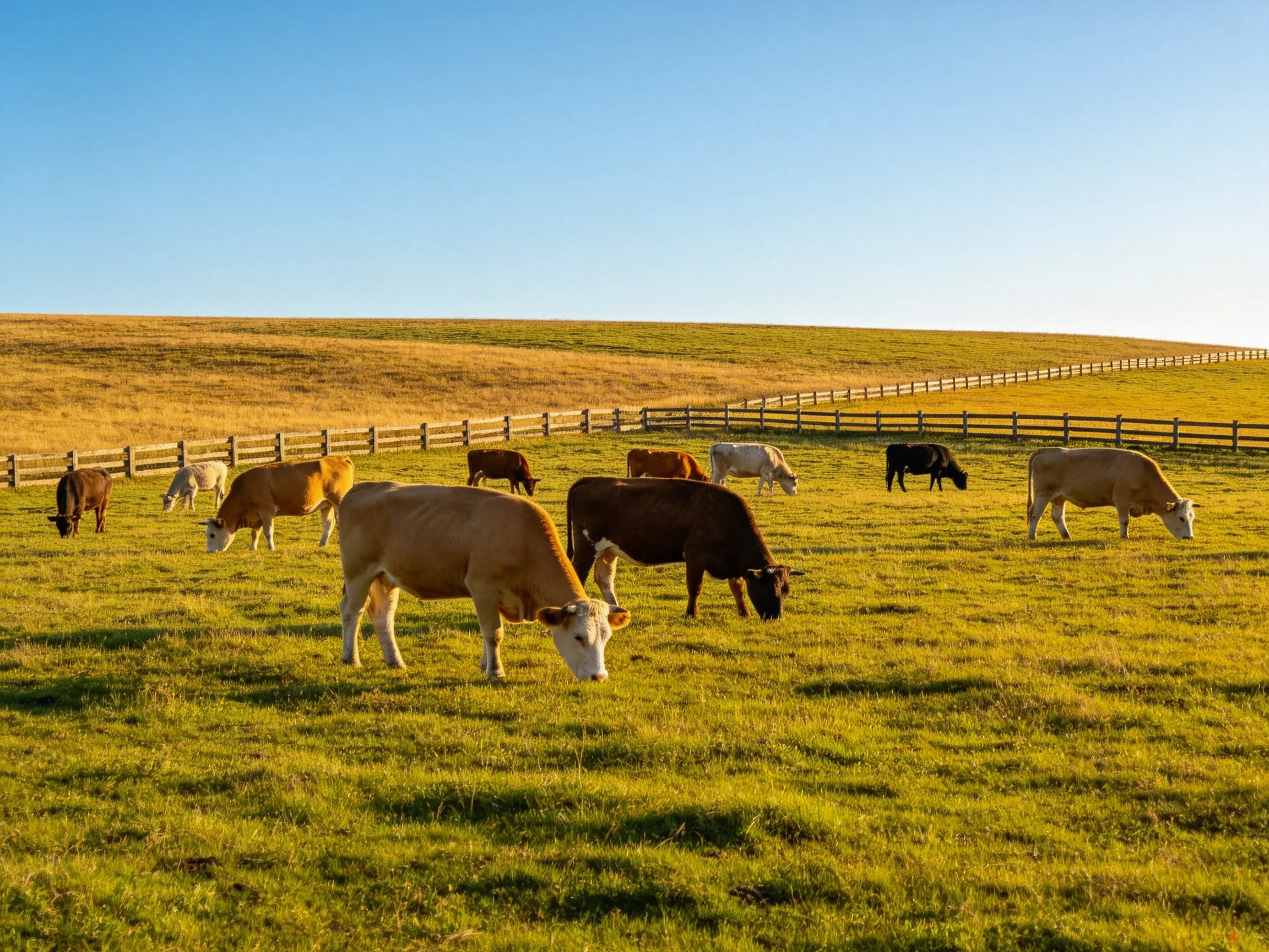 A pasture with multiple cows of varied colors near wooden fences