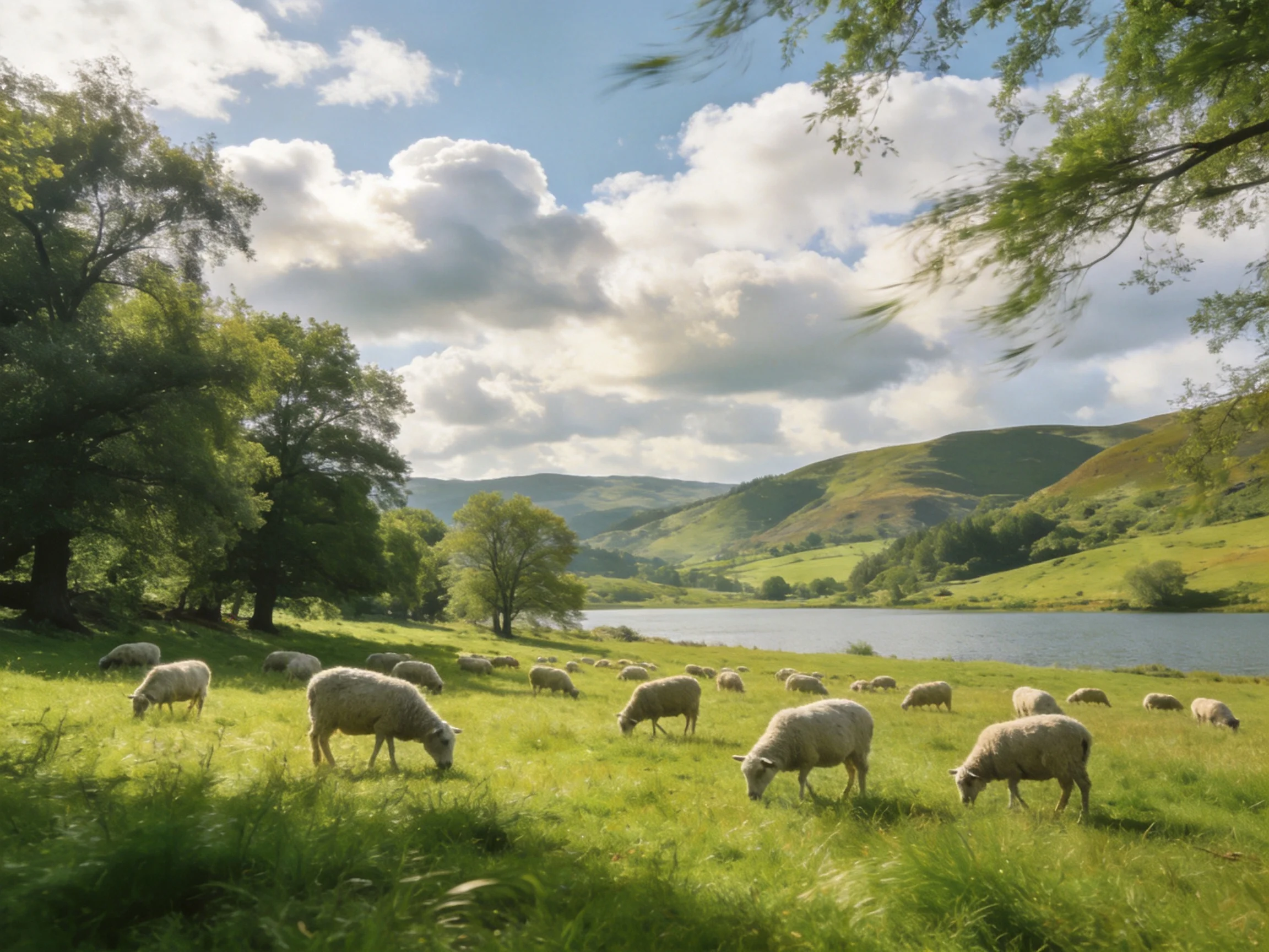 A peaceful meadow with grazing sheep near a calm lake and rolling green hills