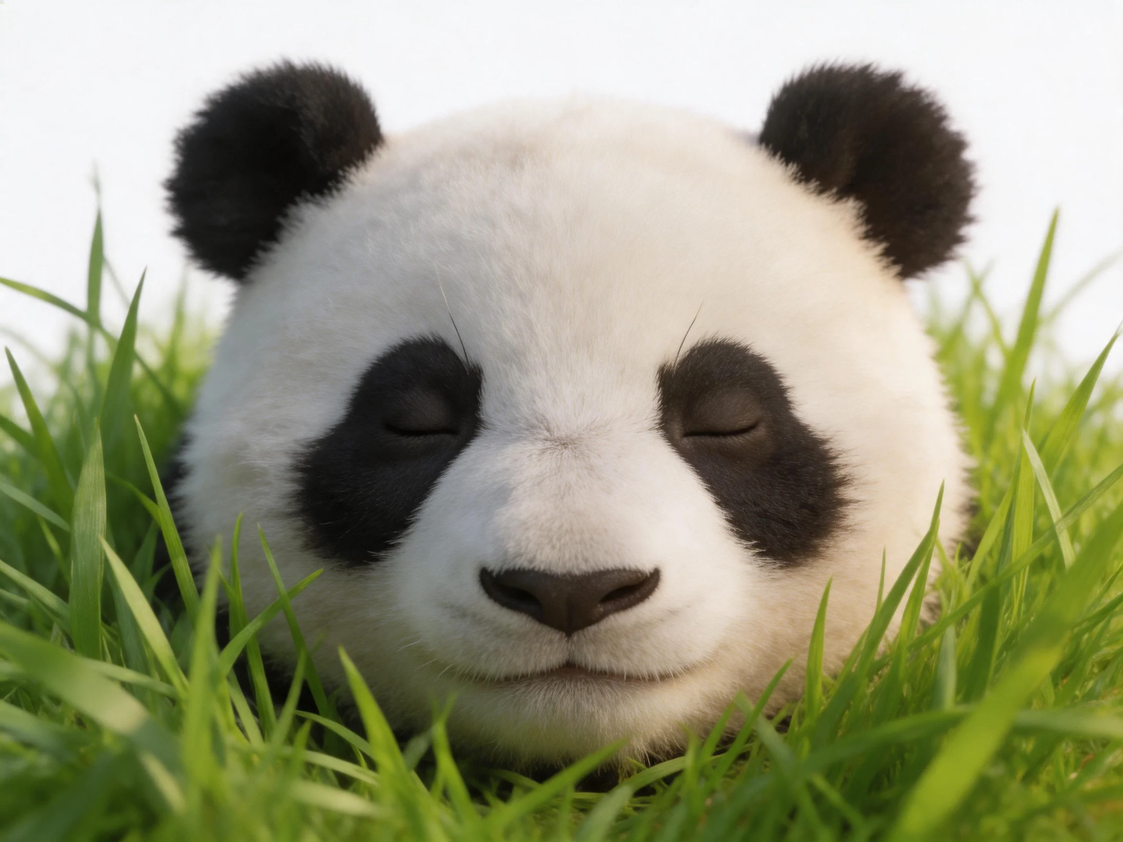 A peaceful panda cub resting in vibrant green grass