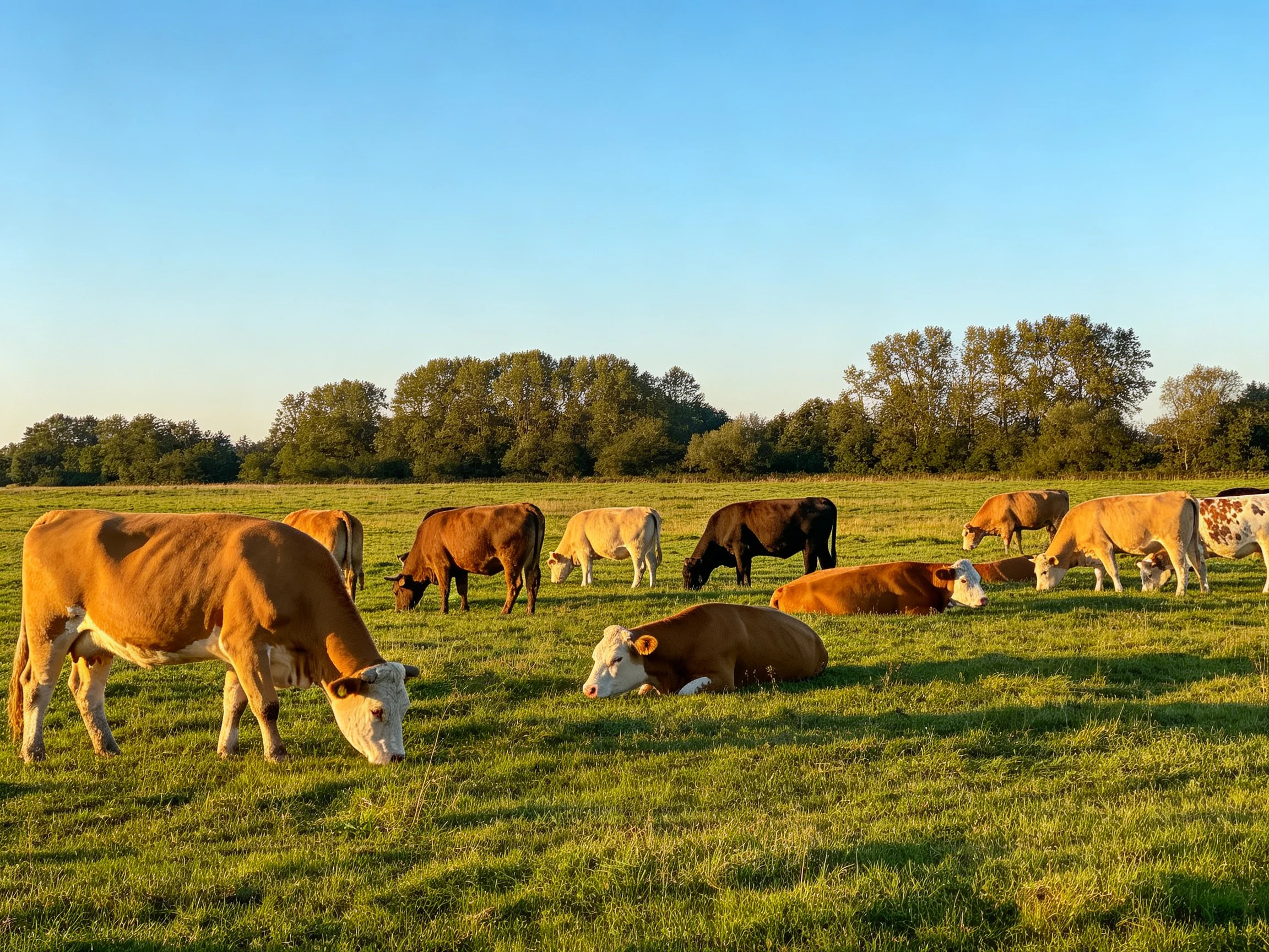 A peaceful pasture with diverse cows grazing and resting under clear blue skies