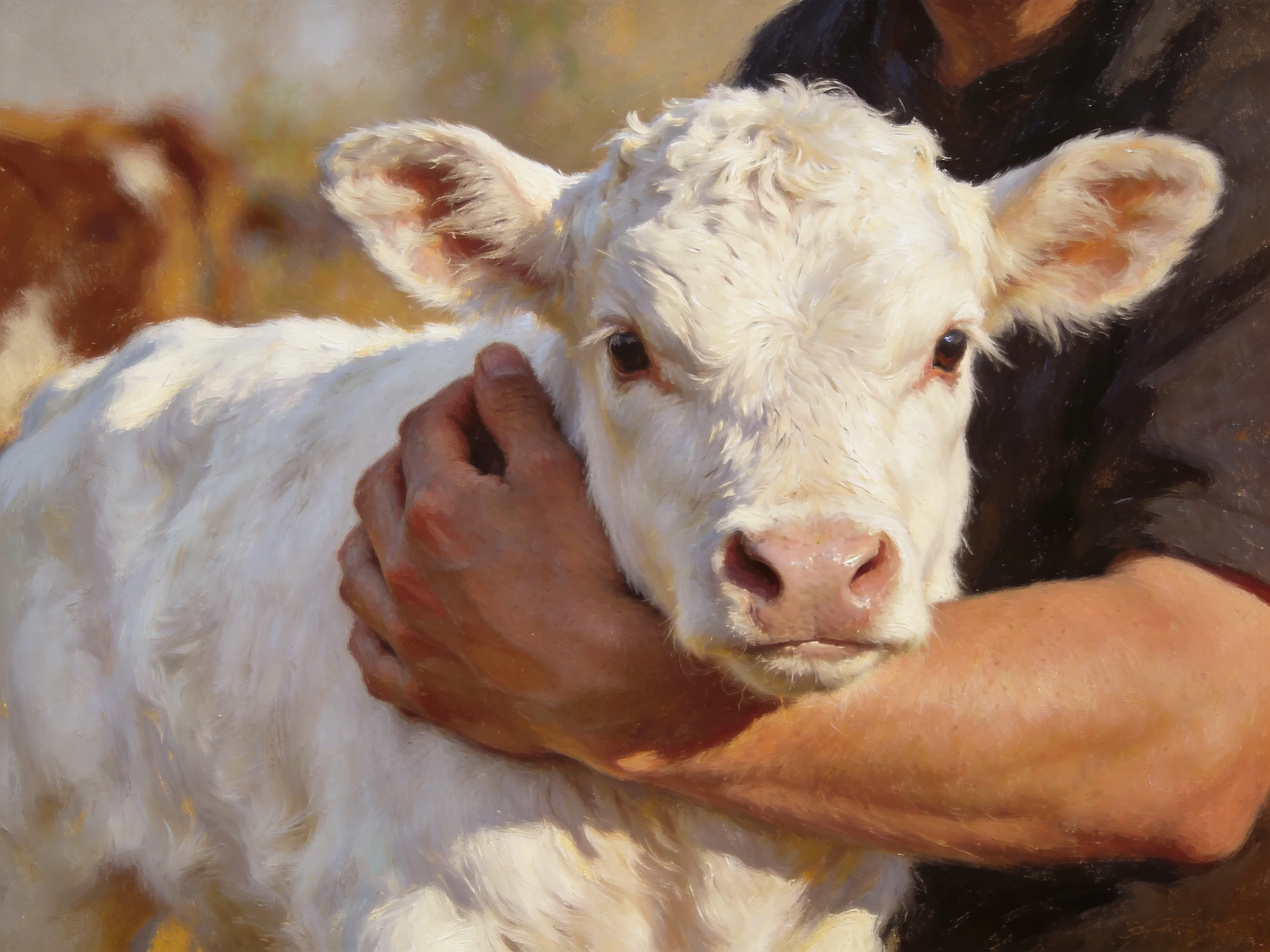 A person cradling a fluffy white calf in a sunlit field