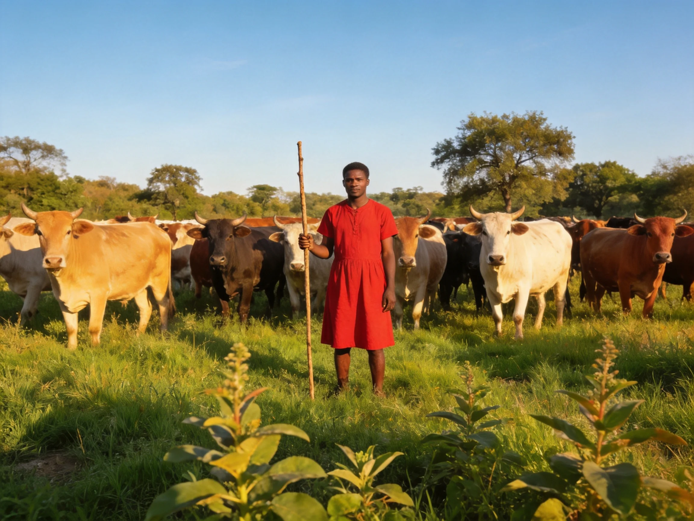A person in a red dress herds multicolored cattle in a green pasture