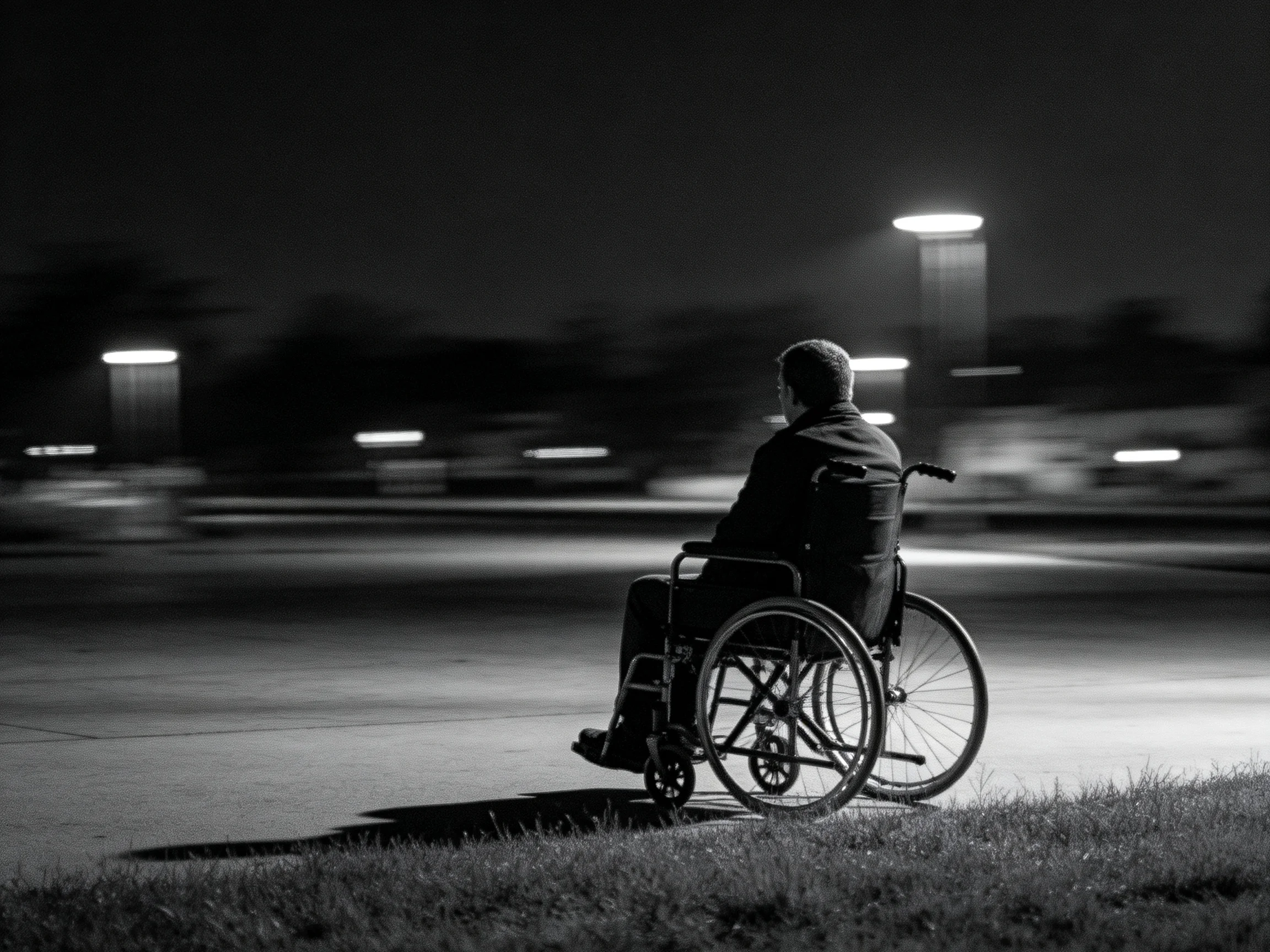 A person in a wheelchair on a dimly lit street with blurred streetlights