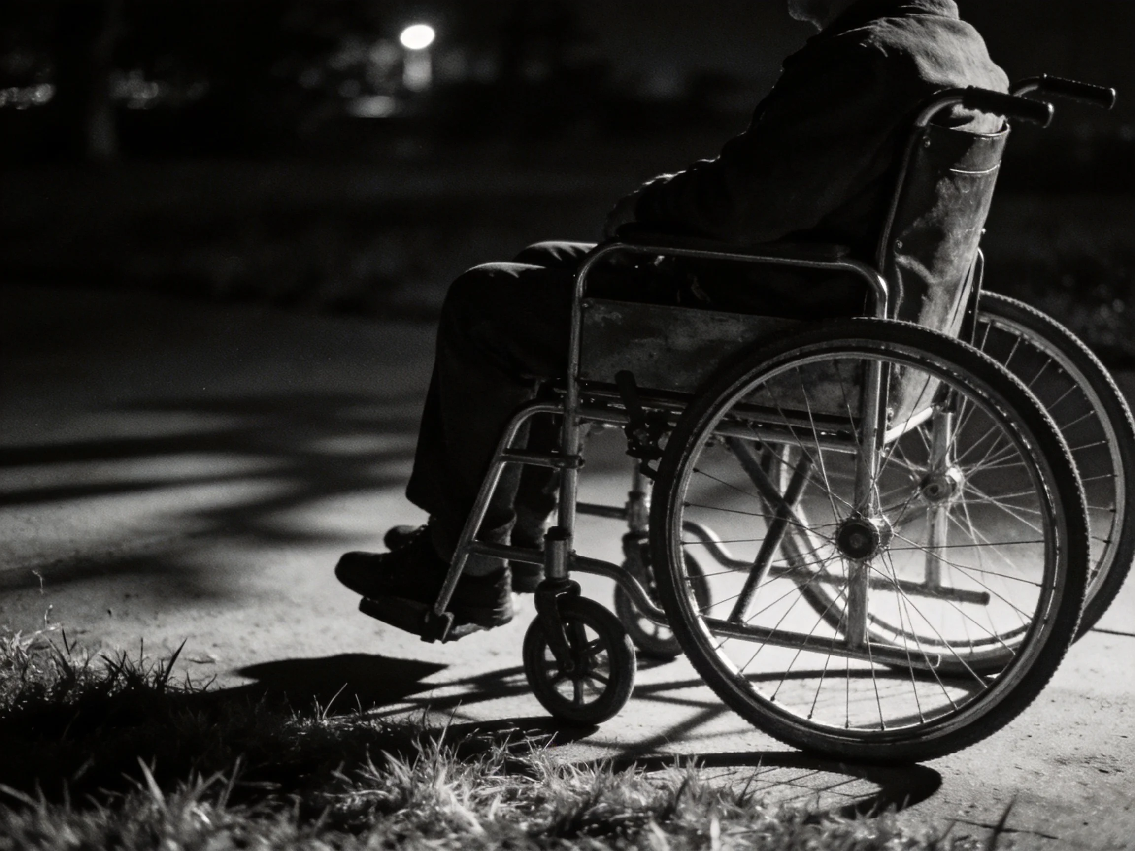 A person in a wheelchair on a shadowed nighttime pathway