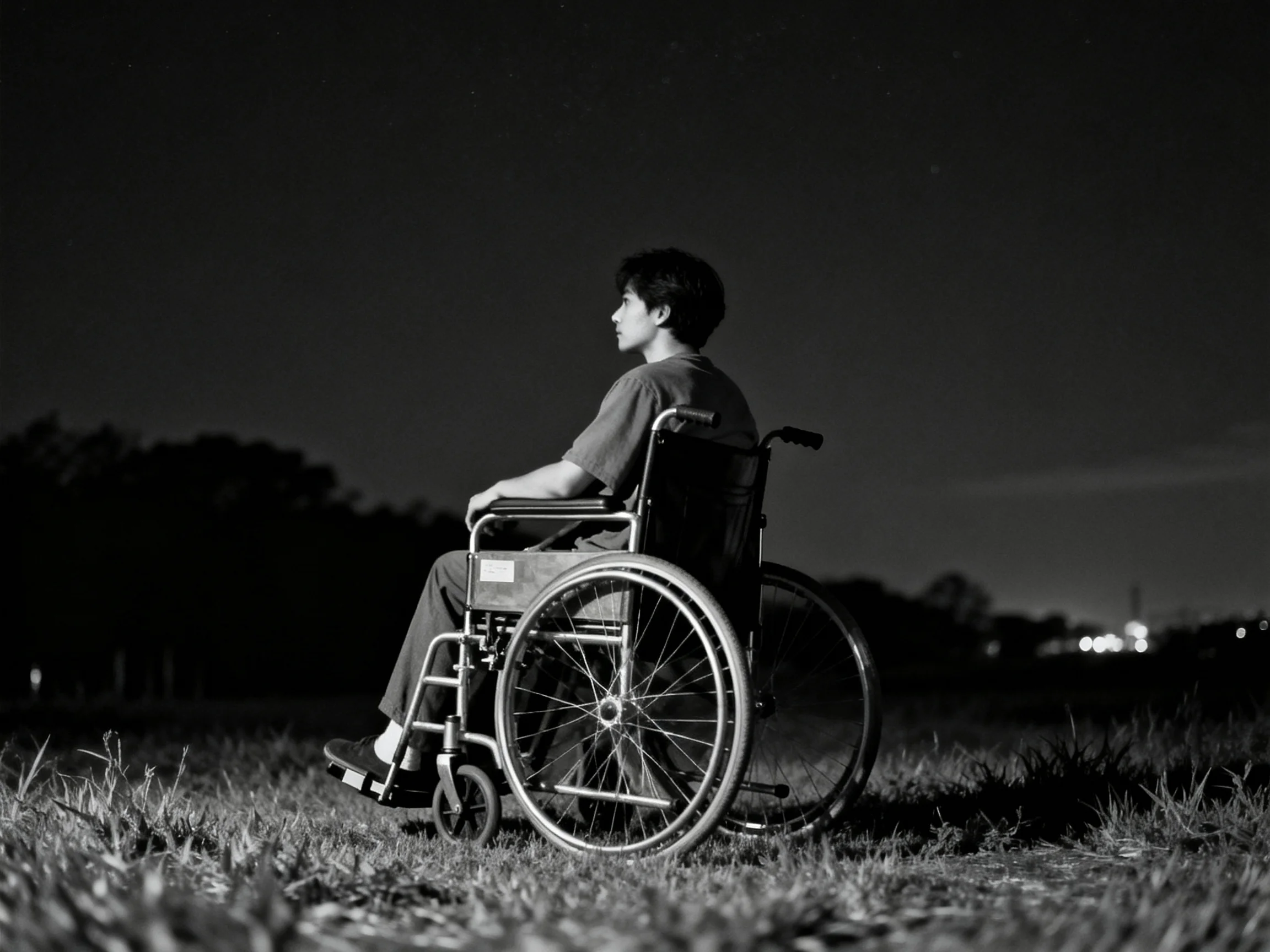 A person in a wheelchair sits alone on grass under a dark night sky