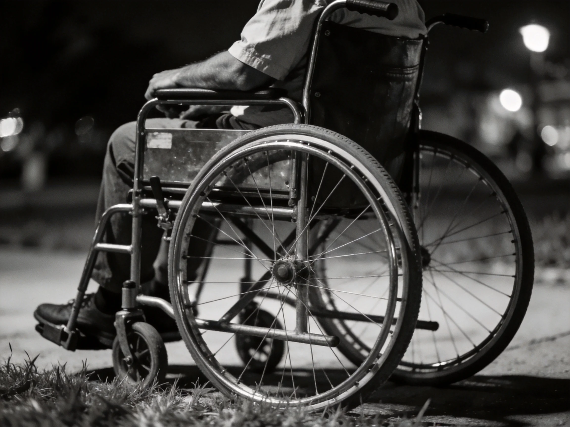 A person in a wheelchair sits near grass with blurred streetlights