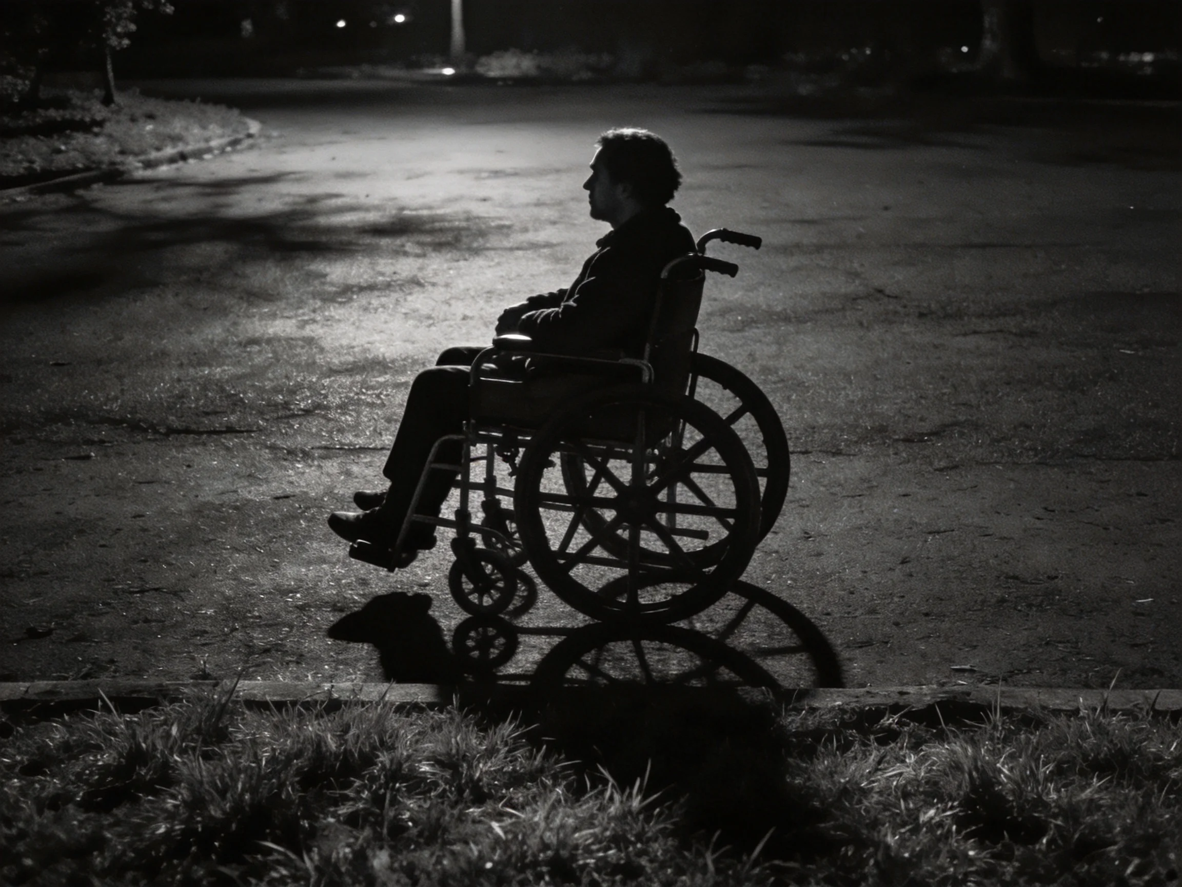 A person in a wheelchair sits on a dimly lit street at night