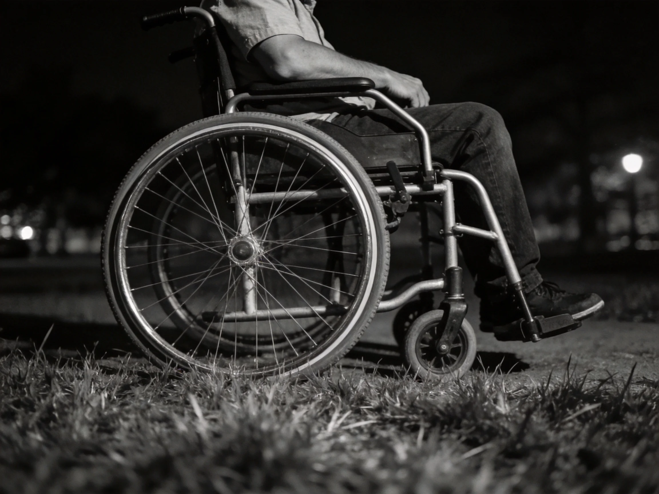 A person in a wheelchair sits on grass near a dark path