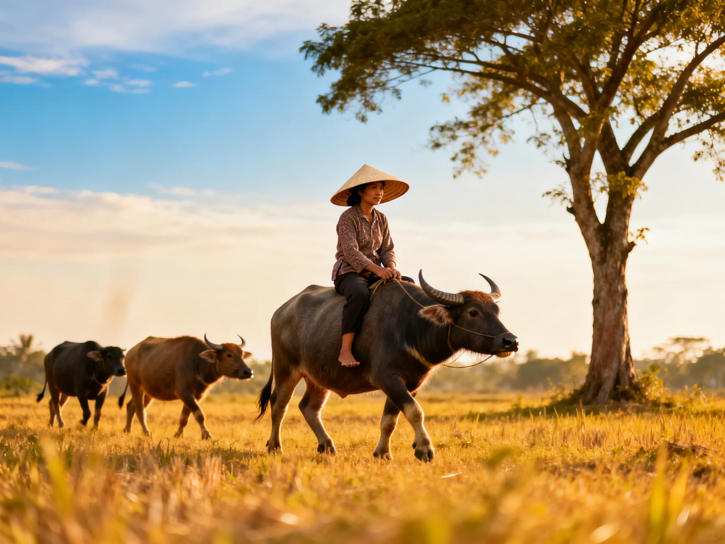 A person rides a large gray water buffalo near two smaller buffaloes in a golden field