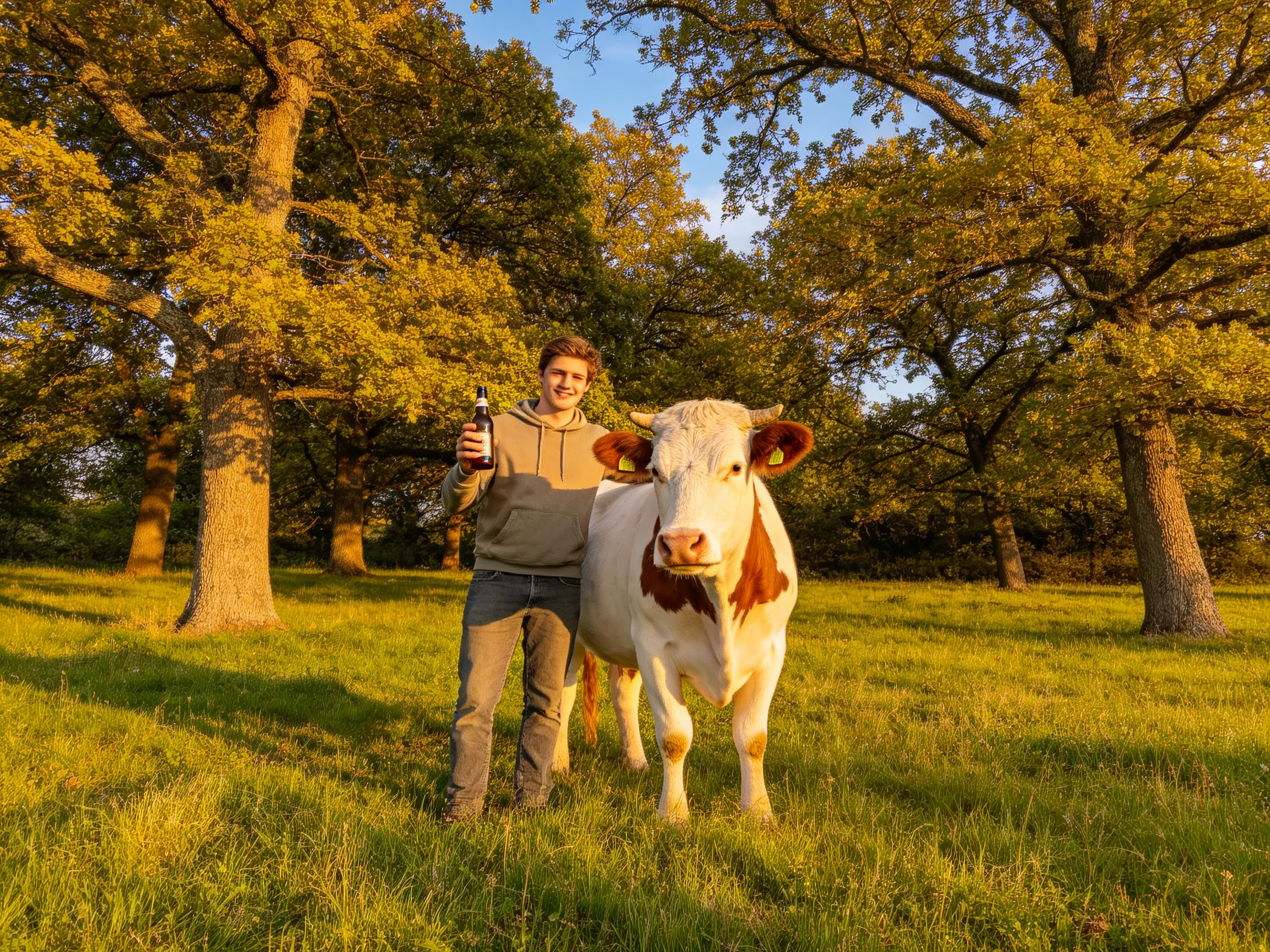 A person stands beside a brown-and-white cow in a sunlit wooded pasture
